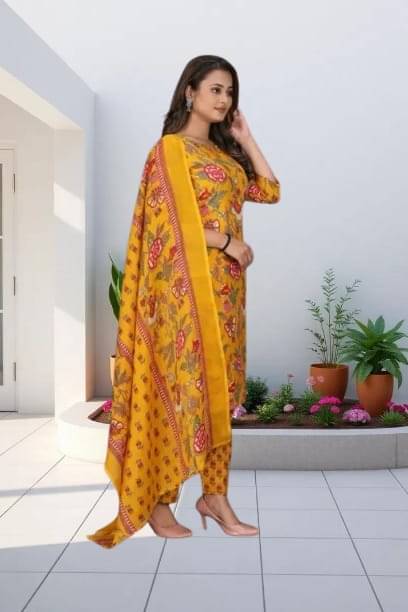     			TRIONZA Women Cotton Printed A-line Kurti With Pants ( Yellow )