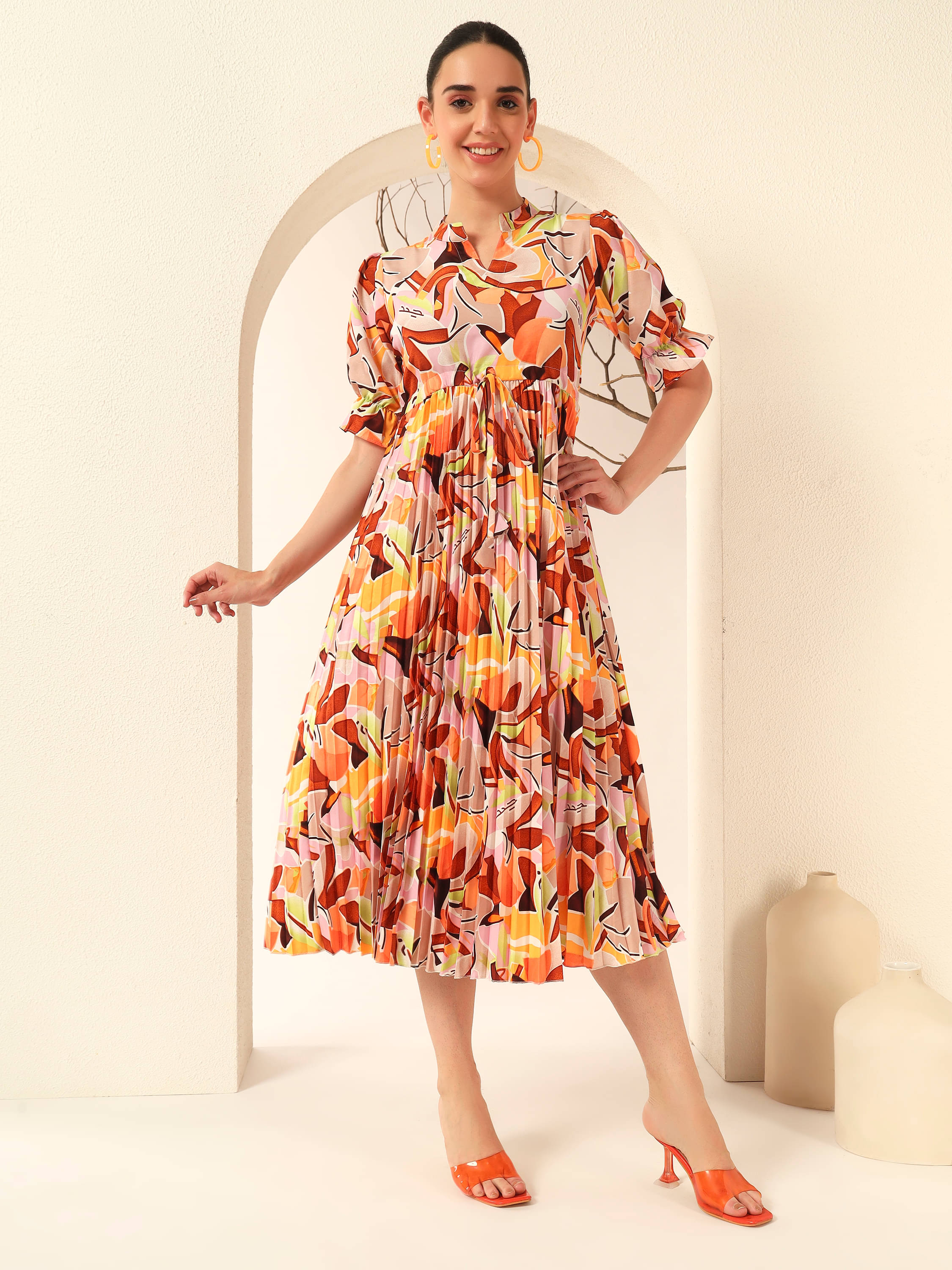     			ZWERLON Women Polyester Printed A-line Dress ( Orange )