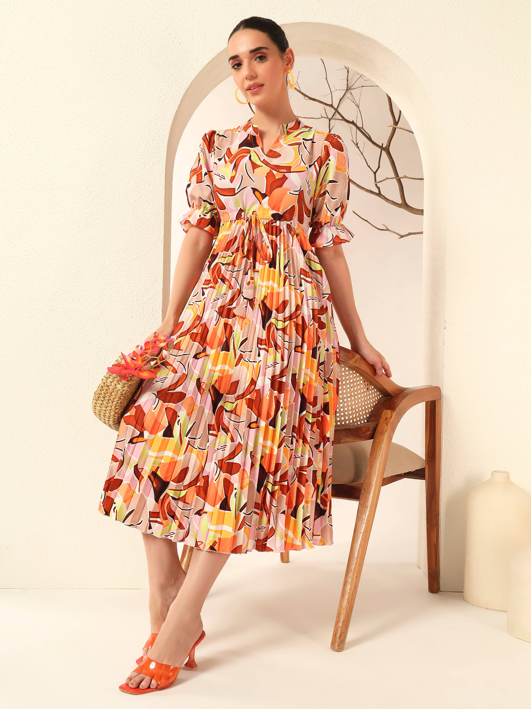     			ZWERLON Women Polyester Printed A-line Dress ( Orange )