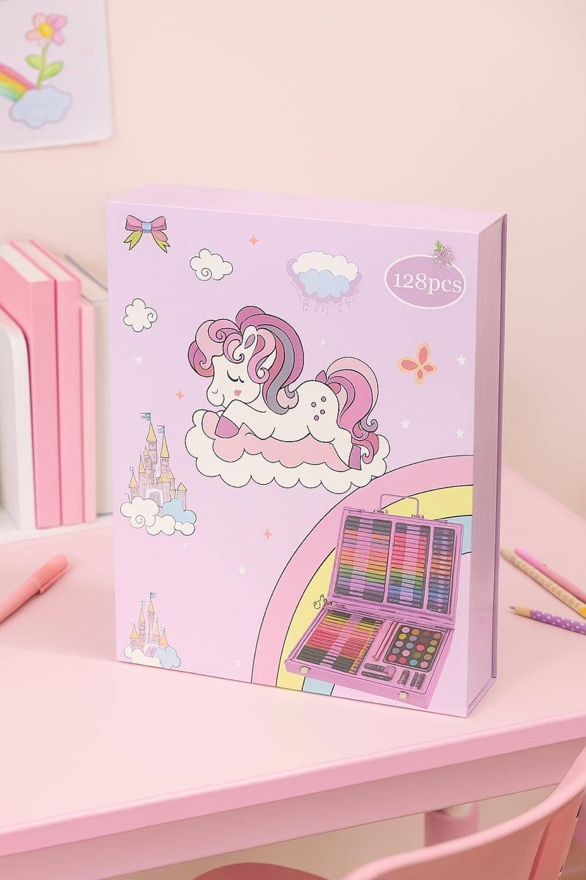     			128 PCS Unicorn Art Set for Kids Coloring Kit with Crayons Sketch Pens Watercolors, Color Pencils & More Stationery Gift Set in Carry Case for Girls