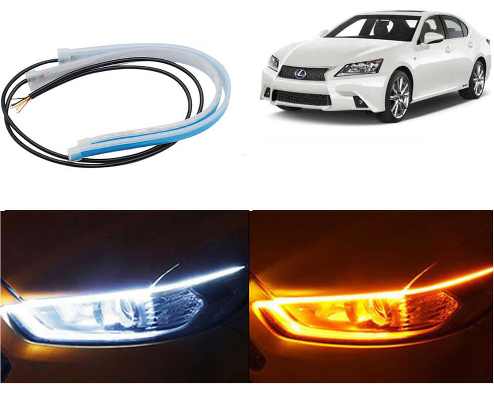 2 Pcs 24 Inch Ultrafine Waterproof Car DRL LED Daytime Running Lights White Turn Signal Yellow Guide Strip Headlight Assembly Hanging GS 350     			2 Pcs 24 Inch Ultrafine Waterproof Car DRL LED Daytime Running Lights White Turn Signal Yellow Guide Strip Headlight Assembly Hanging GS 350