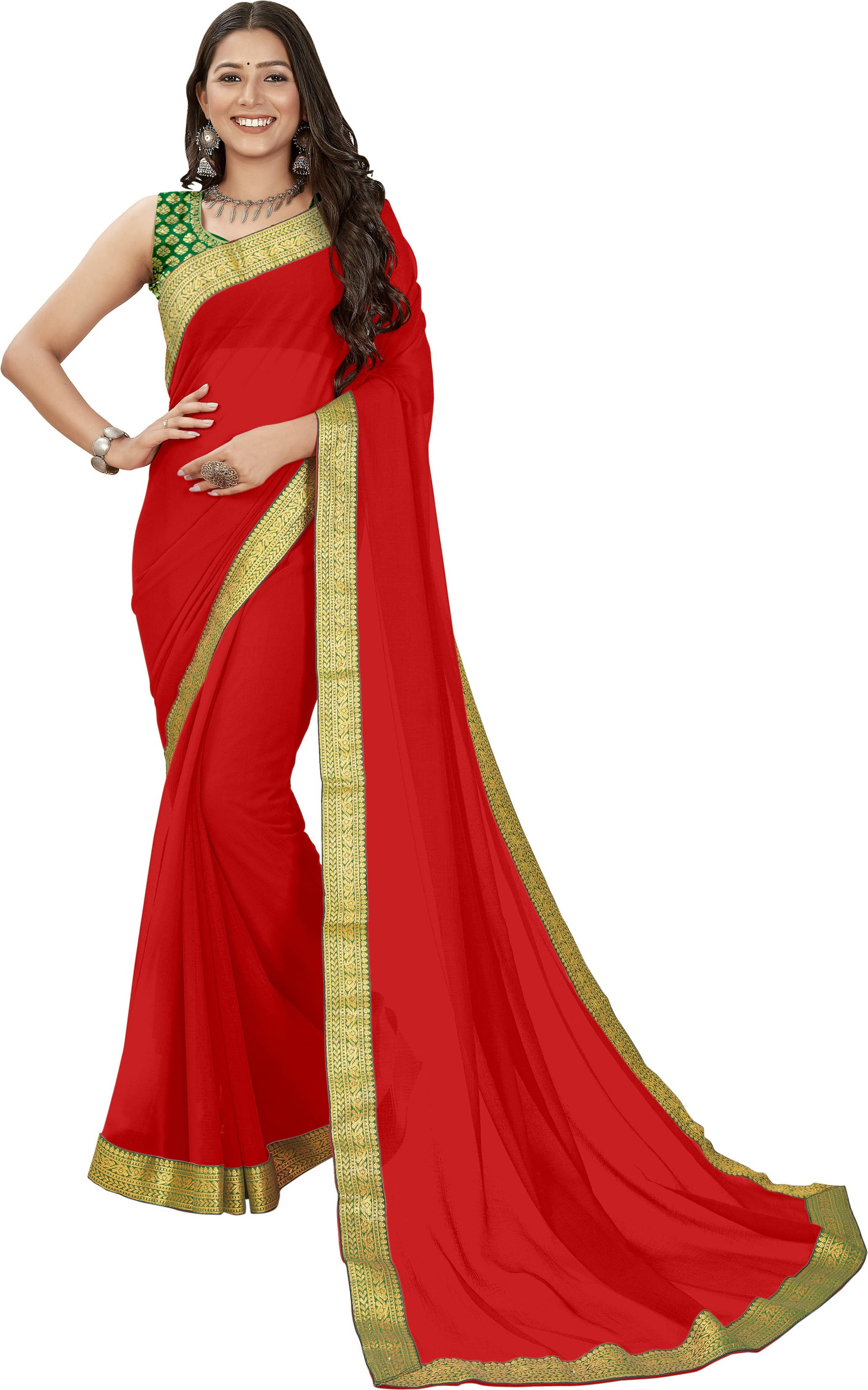 ANAND SAREES Chiffon Embellished Regular Saree With Unstitched Blouse Piece ( Red ) ANAND SAREES Chiffon Embellished Regular Saree With Unstitched Blouse Piece ( Red )