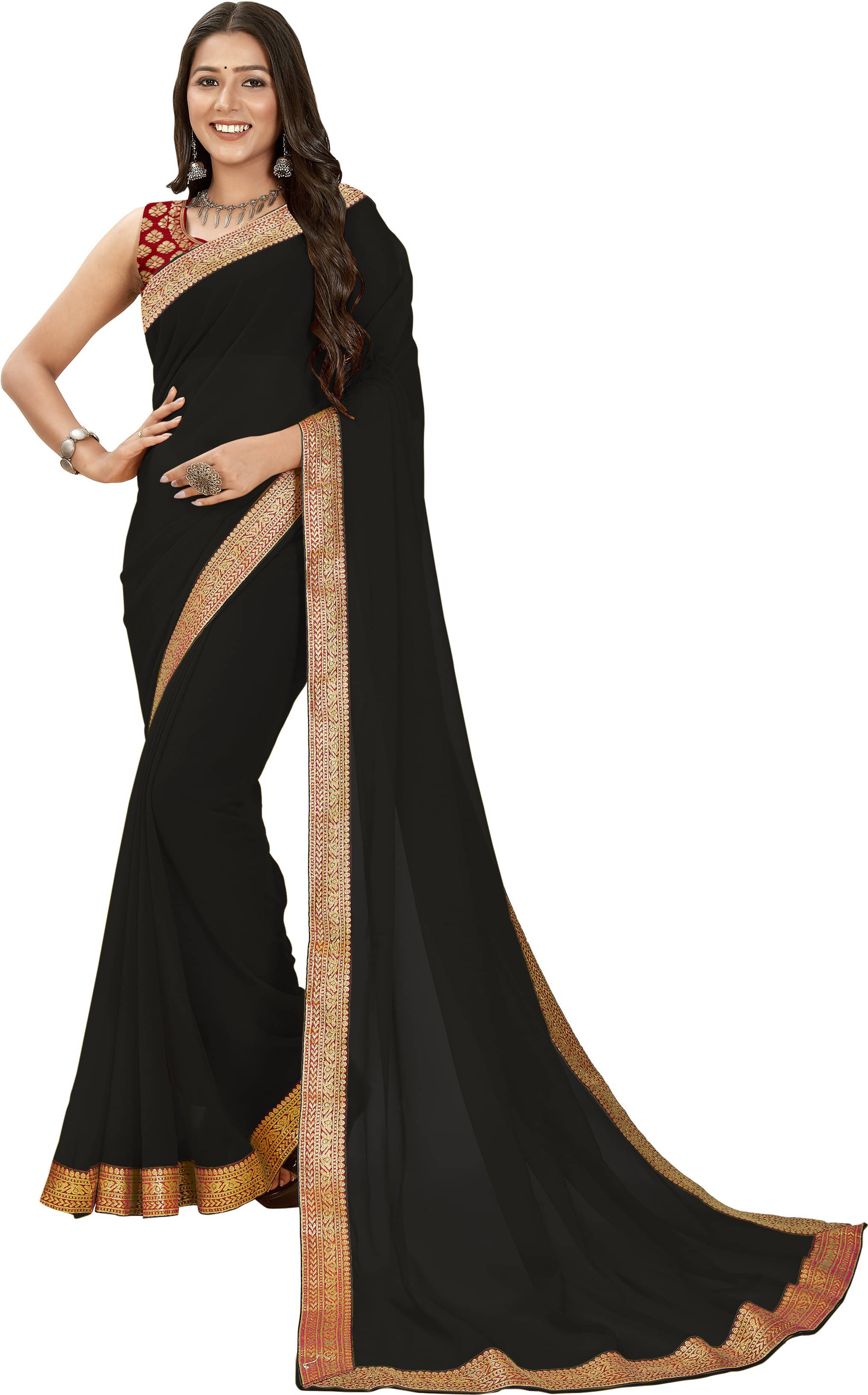 ANAND SAREES Chiffon Embellished Regular Saree With Unstitched Blouse Piece ( Black ) ANAND SAREES Chiffon Embellished Regular Saree With Unstitched Blouse Piece ( Black )