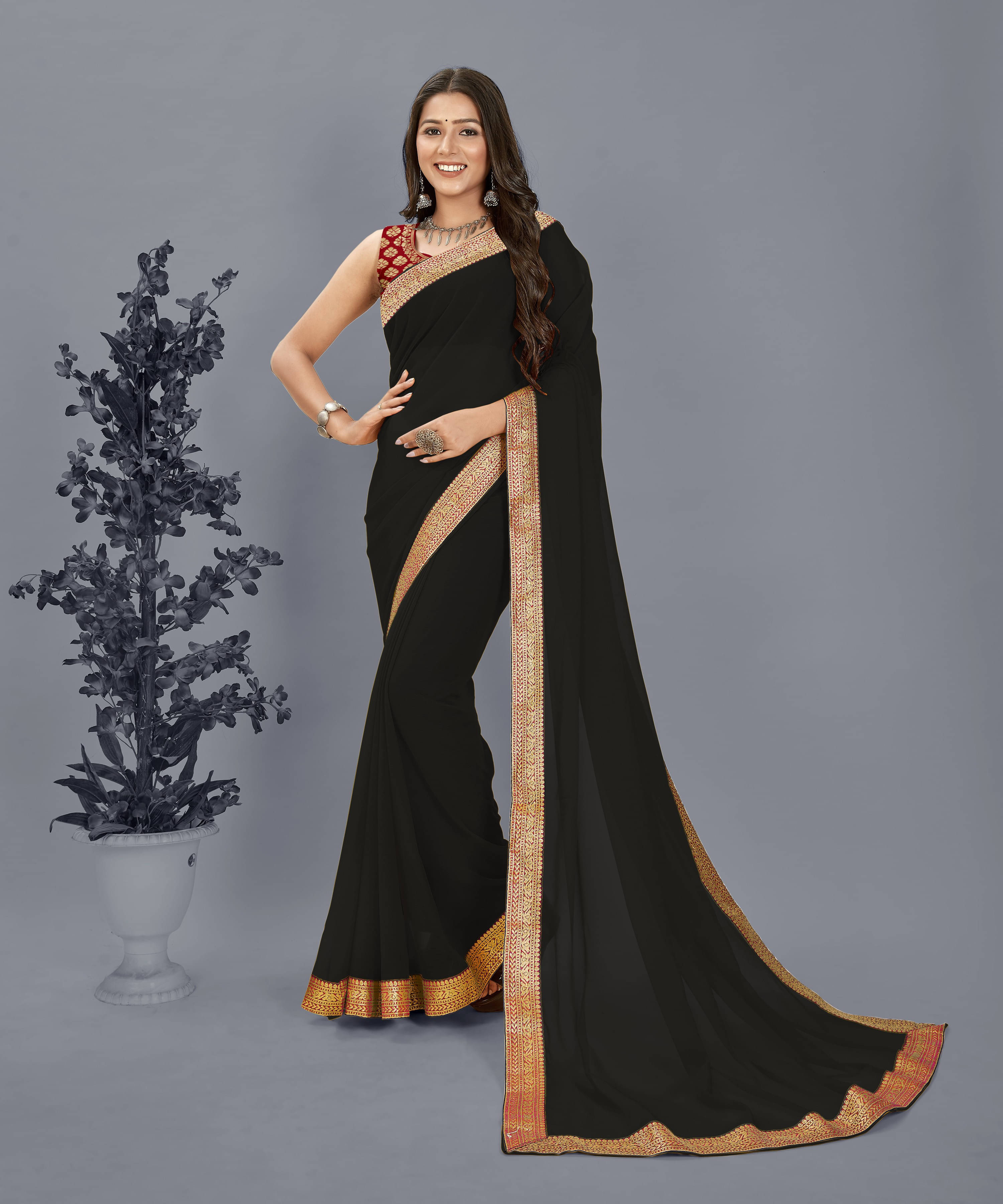 ANAND SAREES Chiffon Embellished Regular Saree With Unstitched Blouse Piece ( Black ) ANAND SAREES Chiffon Embellished Regular Saree With Unstitched Blouse Piece ( Black )