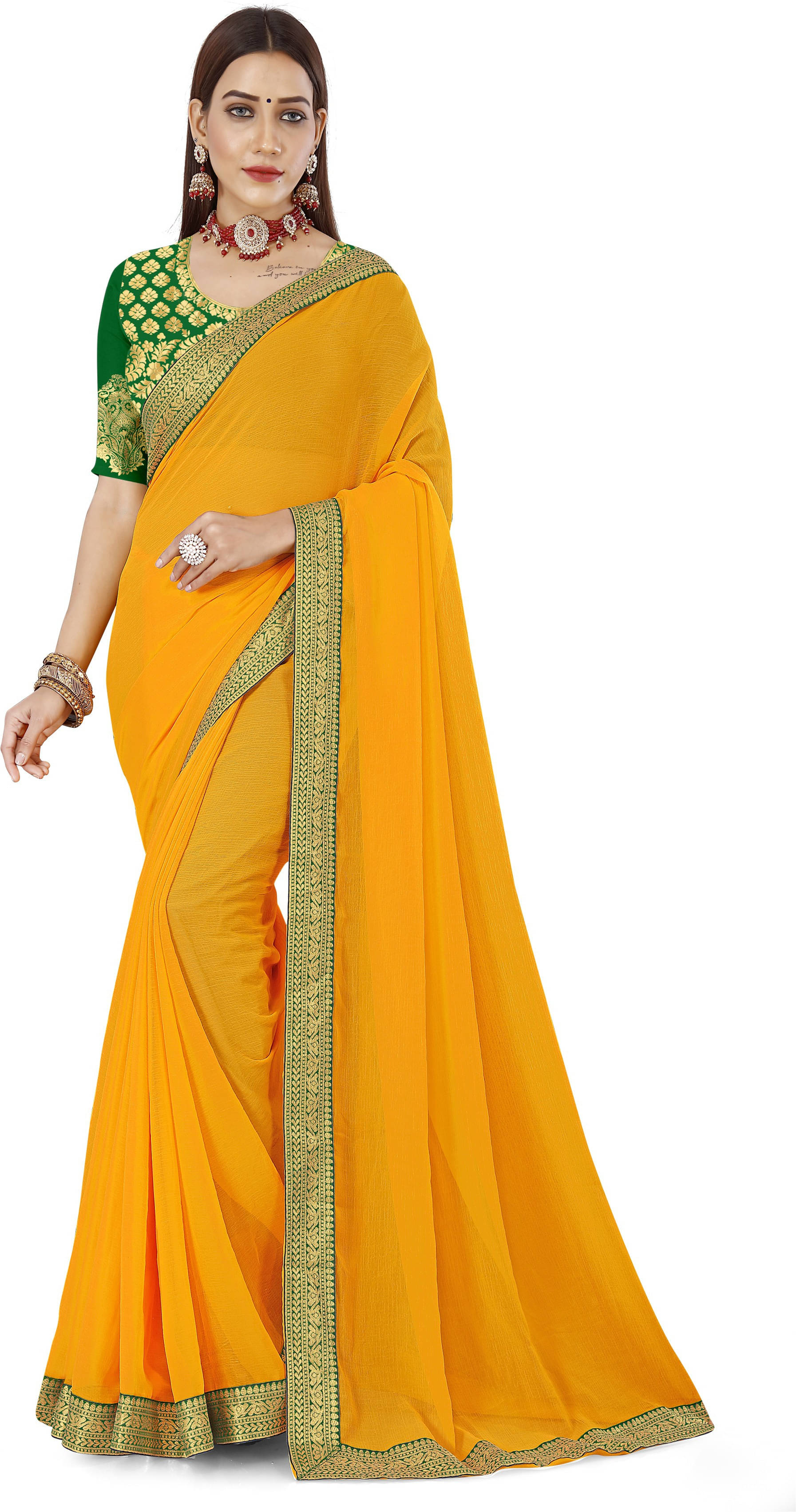     			ANAND SAREES Chiffon Embellished Regular Saree With Unstitched Blouse Piece ( Yellow )