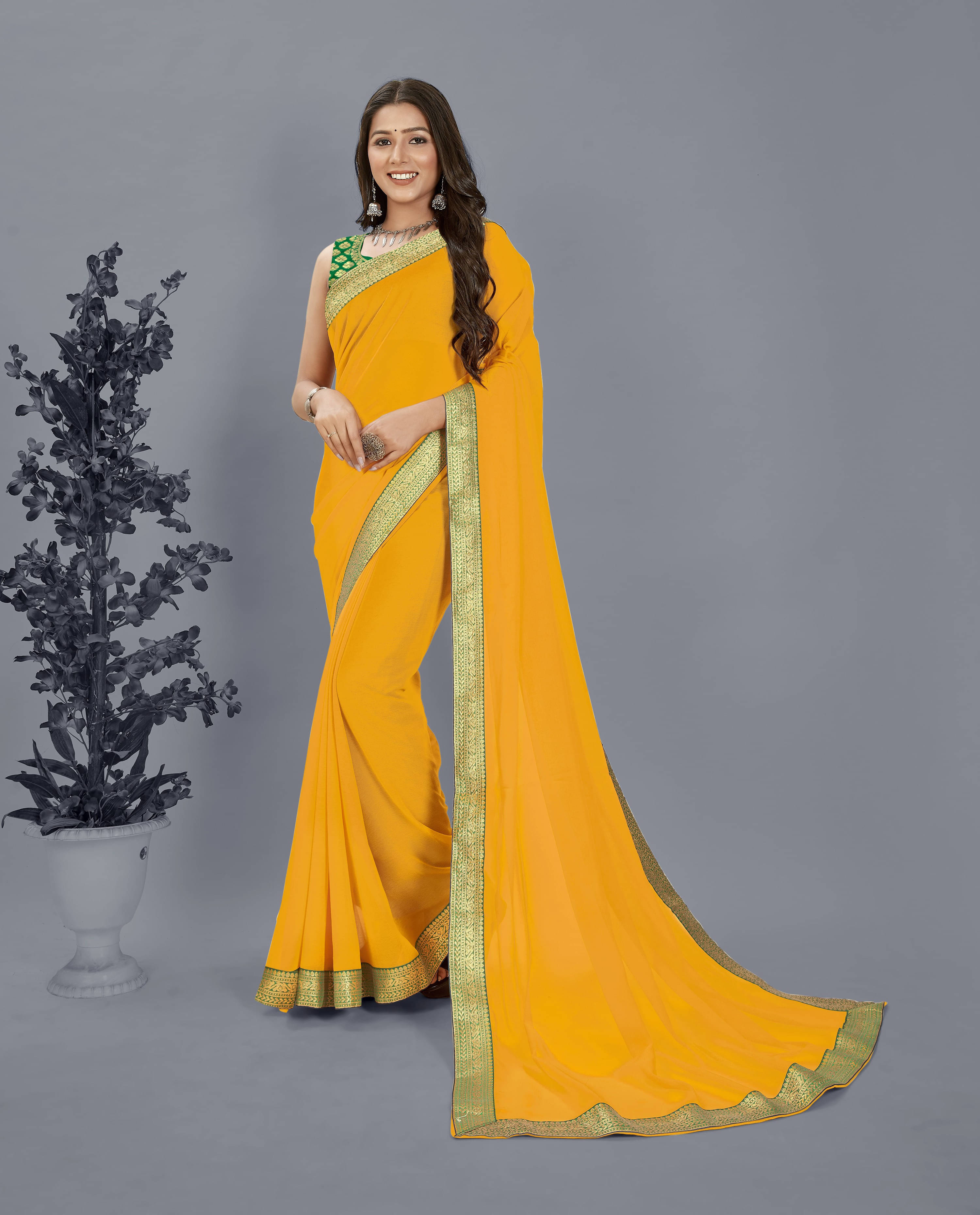     			ANAND SAREES Chiffon Embellished Regular Saree With Unstitched Blouse Piece ( Yellow )