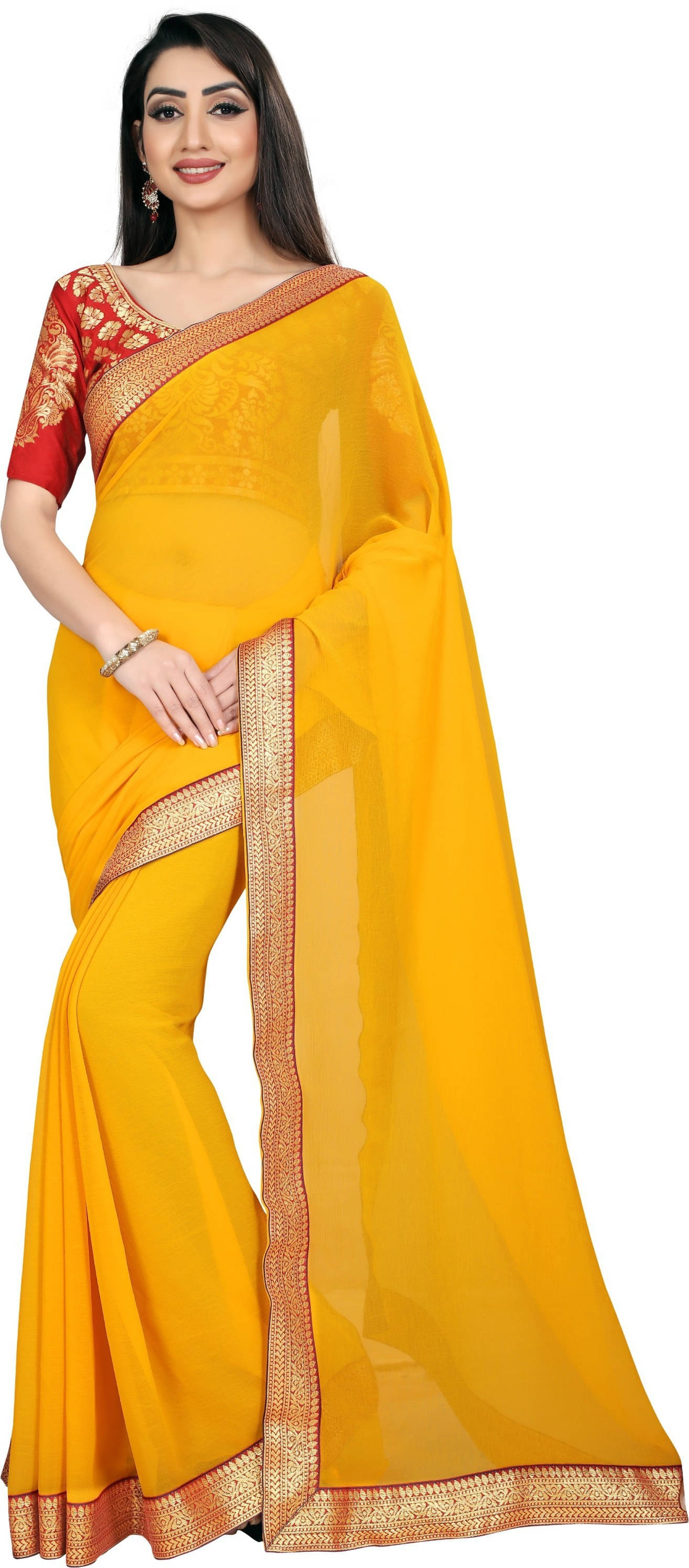 ANAND SAREES Chiffon Solid Regular Saree With Unstitched Blouse Piece ( Yellow ) ANAND SAREES Chiffon Solid Regular Saree With Unstitched Blouse Piece ( Yellow )