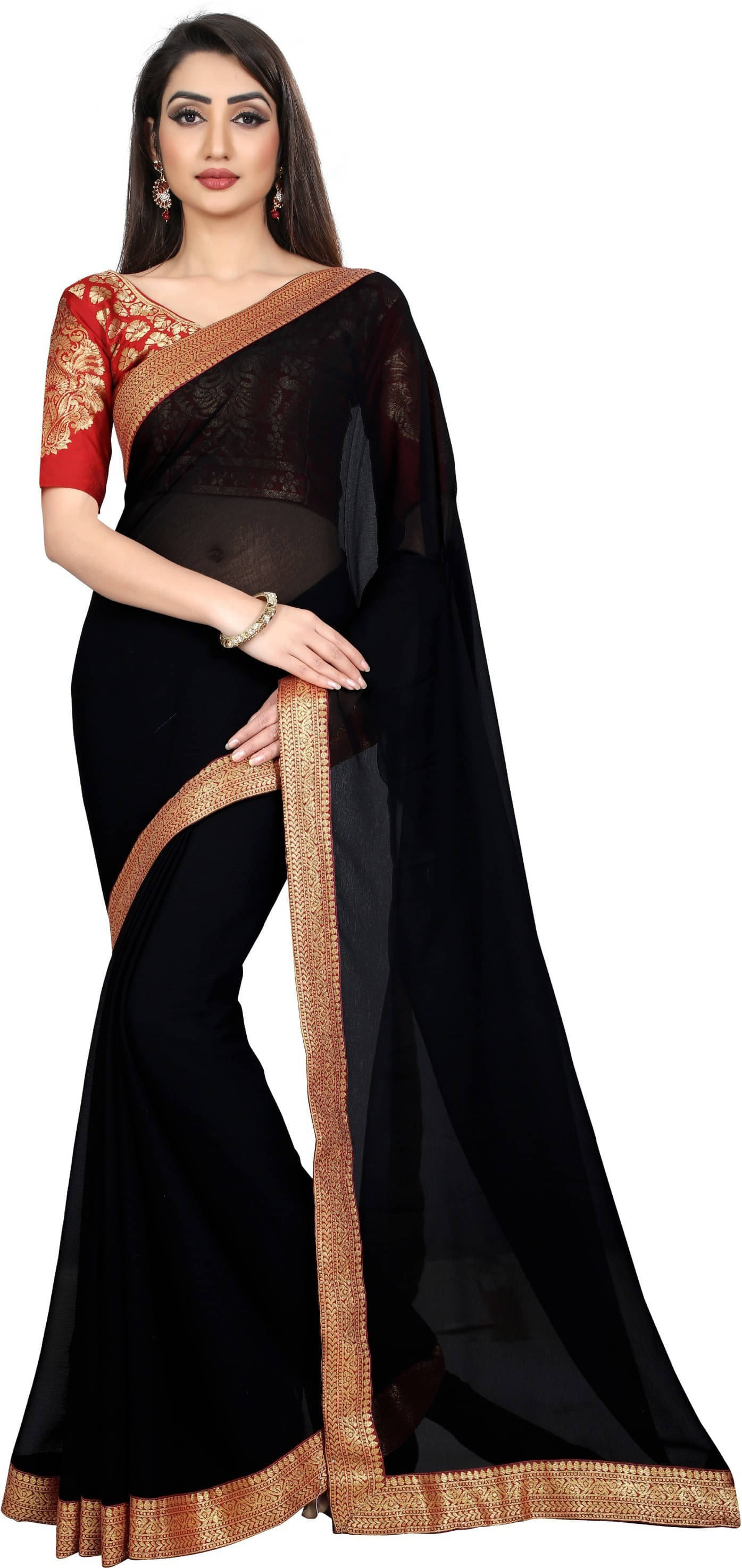     			ANAND SAREES Chiffon Solid Regular Saree With Unstitched Blouse Piece ( Black )