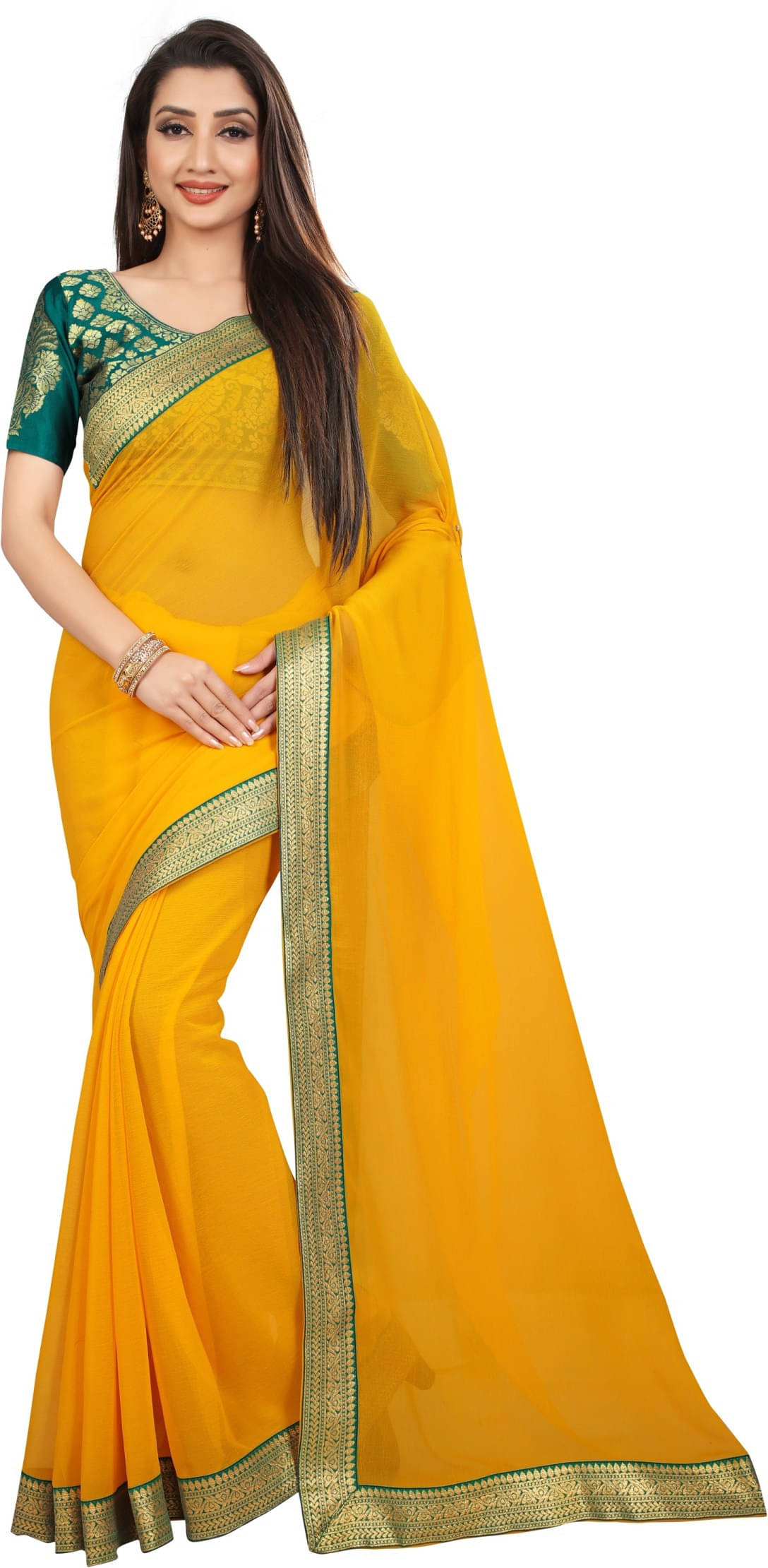 ANAND SAREES Chiffon Solid Regular Saree With Unstitched Blouse Piece ( Yellow ) ANAND SAREES Chiffon Solid Regular Saree With Unstitched Blouse Piece ( Yellow )