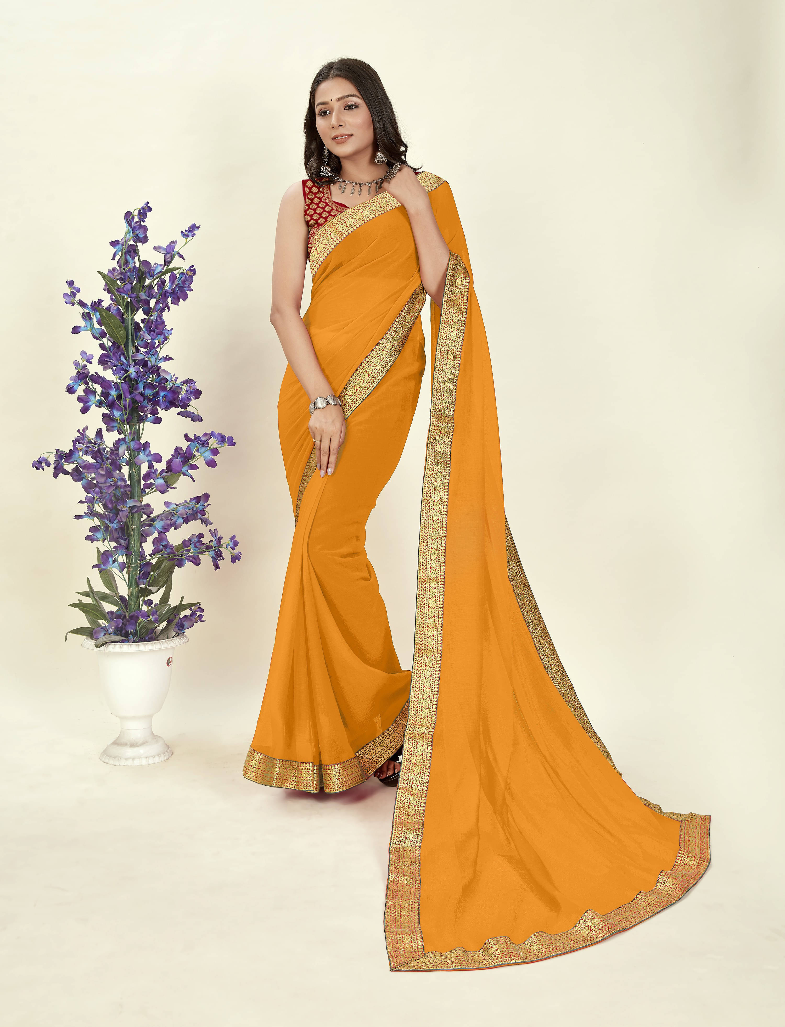     			ANAND SAREES Chiffon Solid Regular Saree With Unstitched Blouse Piece ( Yellow )