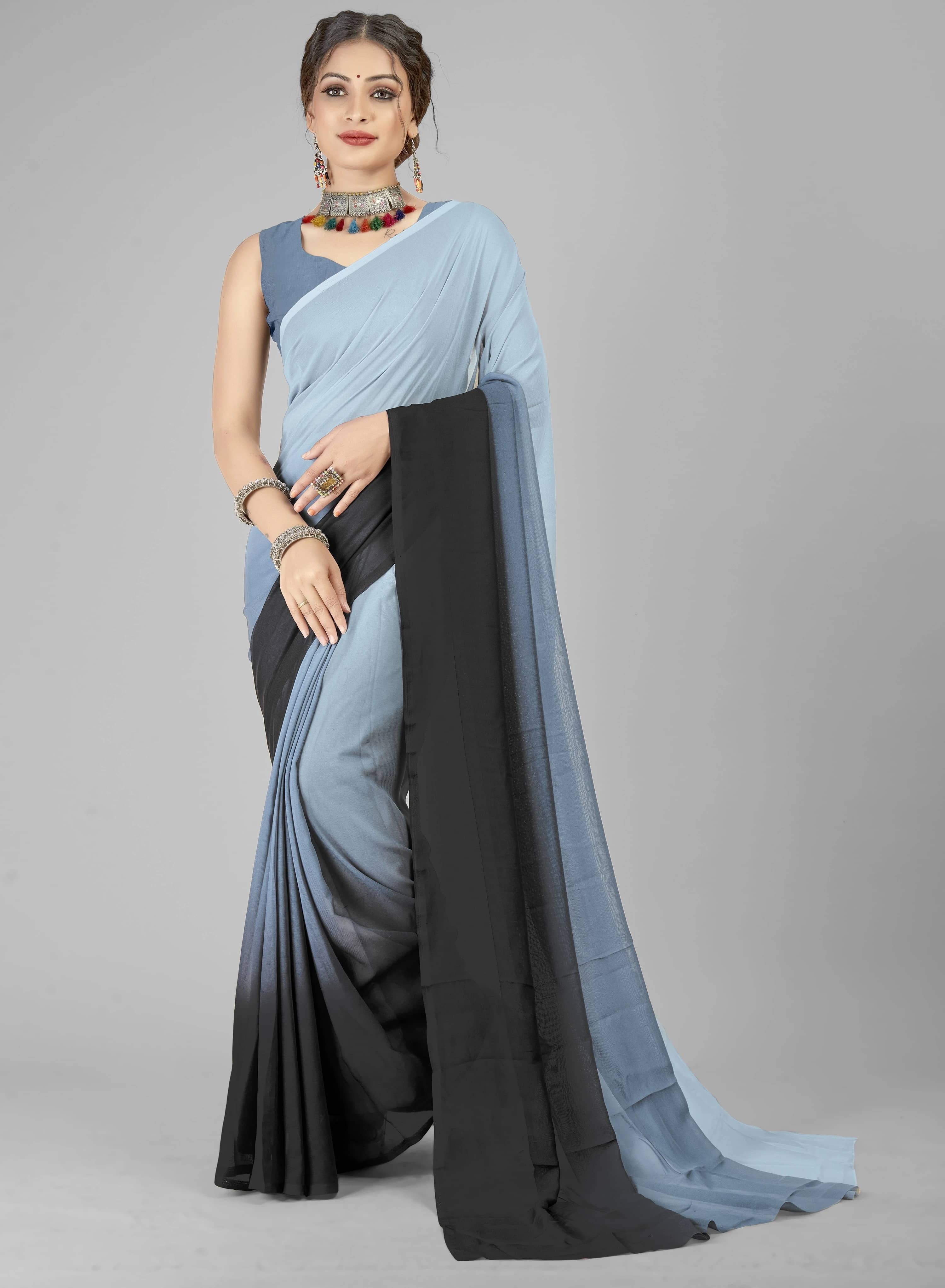 ANAND SAREES Georgette Colorblock Regular Saree With Unstitched Blouse Piece ( Multicolor ) - Sarees | Buy online on ZillyBuy