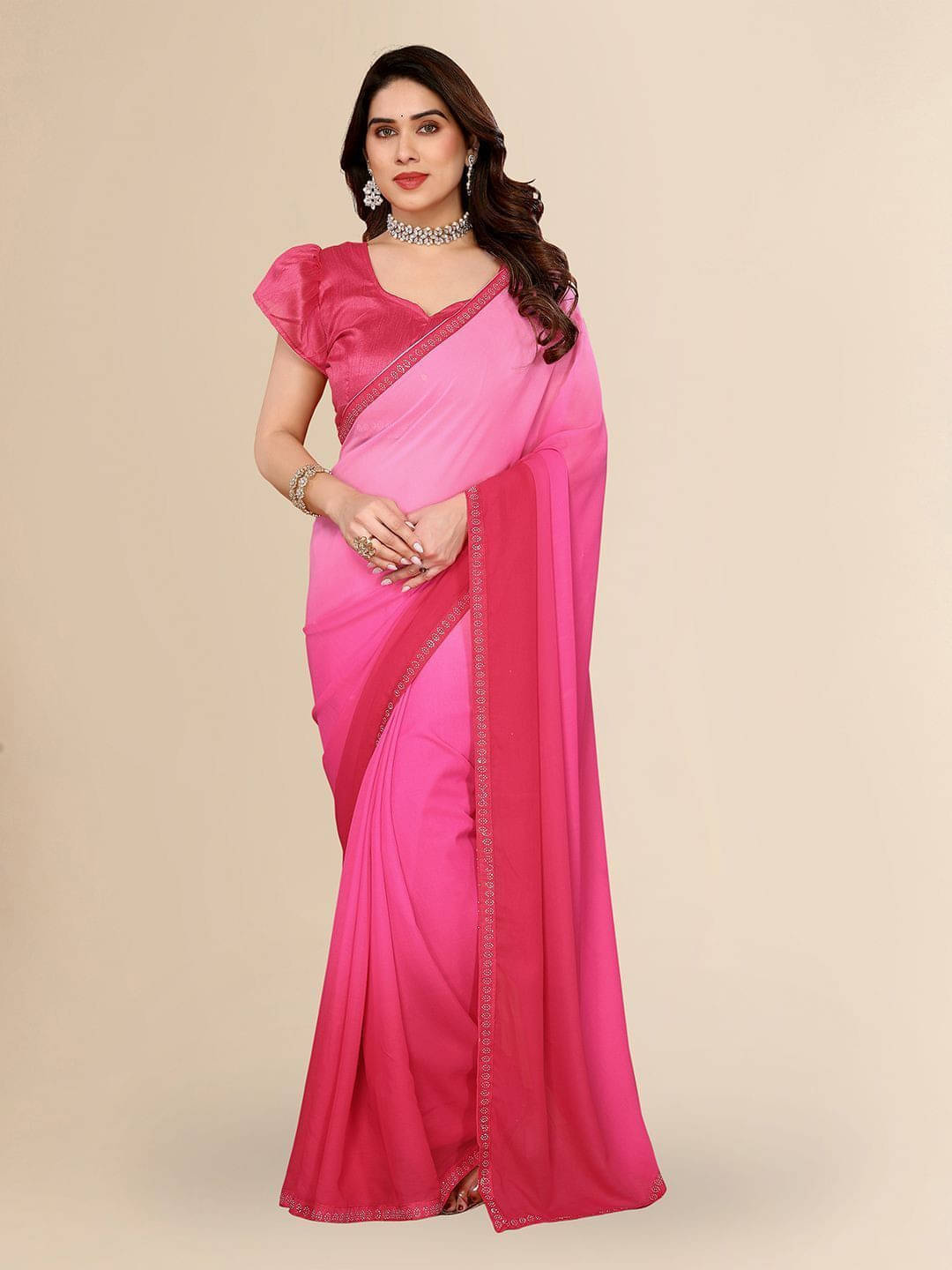 ANAND SAREES Georgette Dyed Regular Saree With Unstitched Blouse Piece ( Pink ) ANAND SAREES Georgette Dyed Regular Saree With Unstitched Blouse Piece ( Pink )