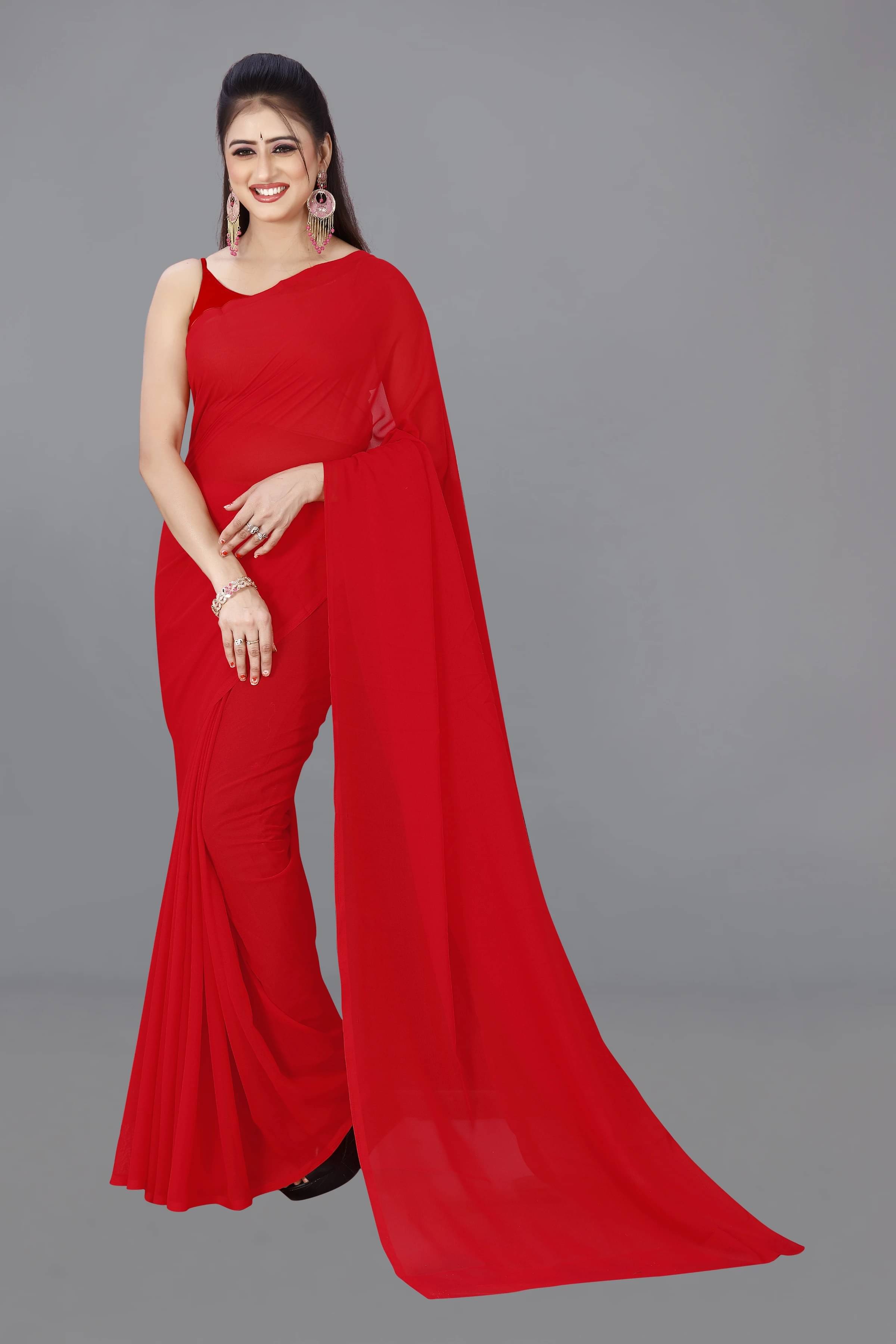 ANAND SAREES Georgette Dyed Regular Saree Without Blouse Piece ( Red ) ANAND SAREES Georgette Dyed Regular Saree Without Blouse Piece ( Red )