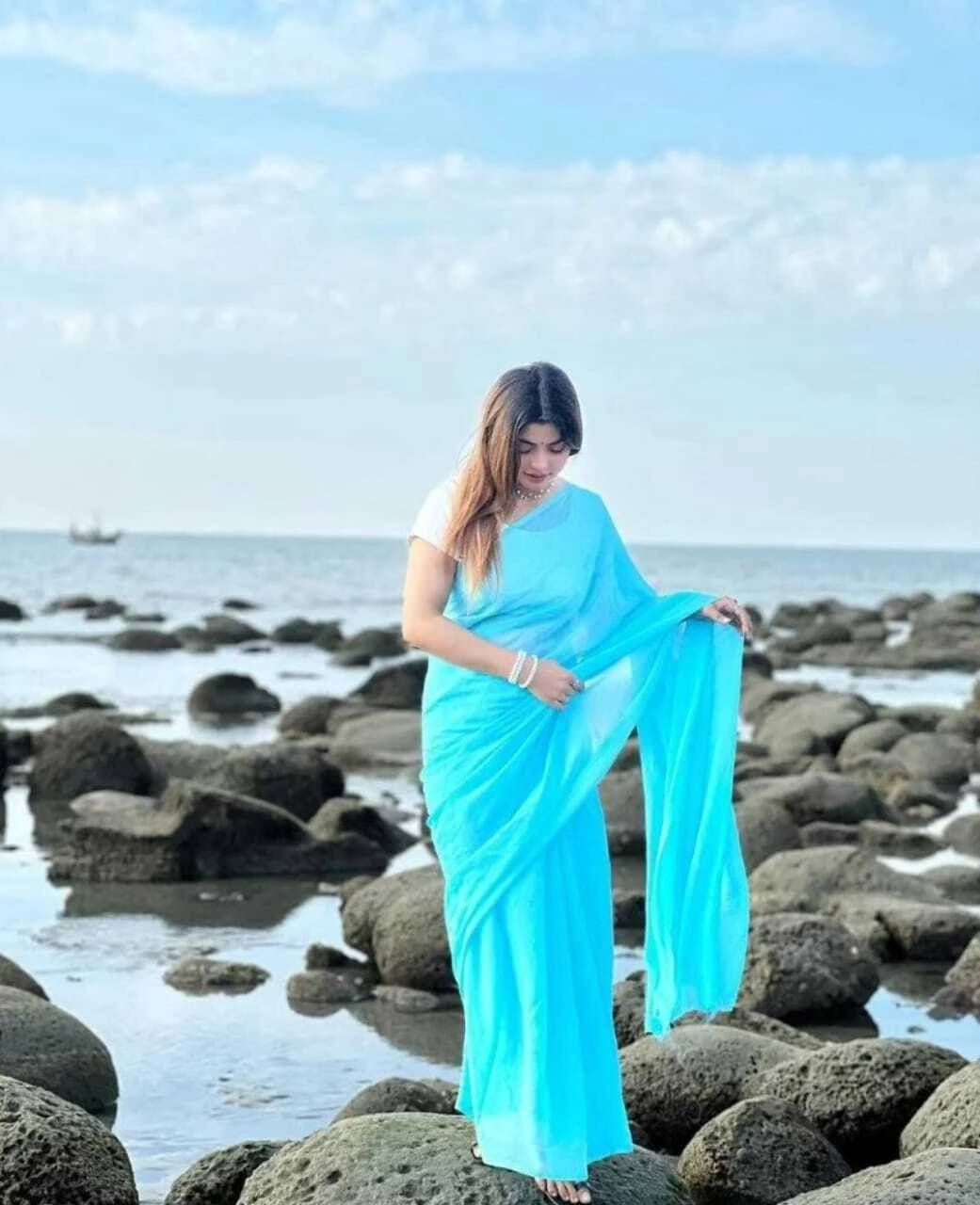 ANAND SAREES Georgette Dyed Regular Saree With Unstitched Blouse Piece ( Light Blue ) ANAND SAREES Georgette Dyed Regular Saree With Unstitched Blouse Piece ( Light Blue )