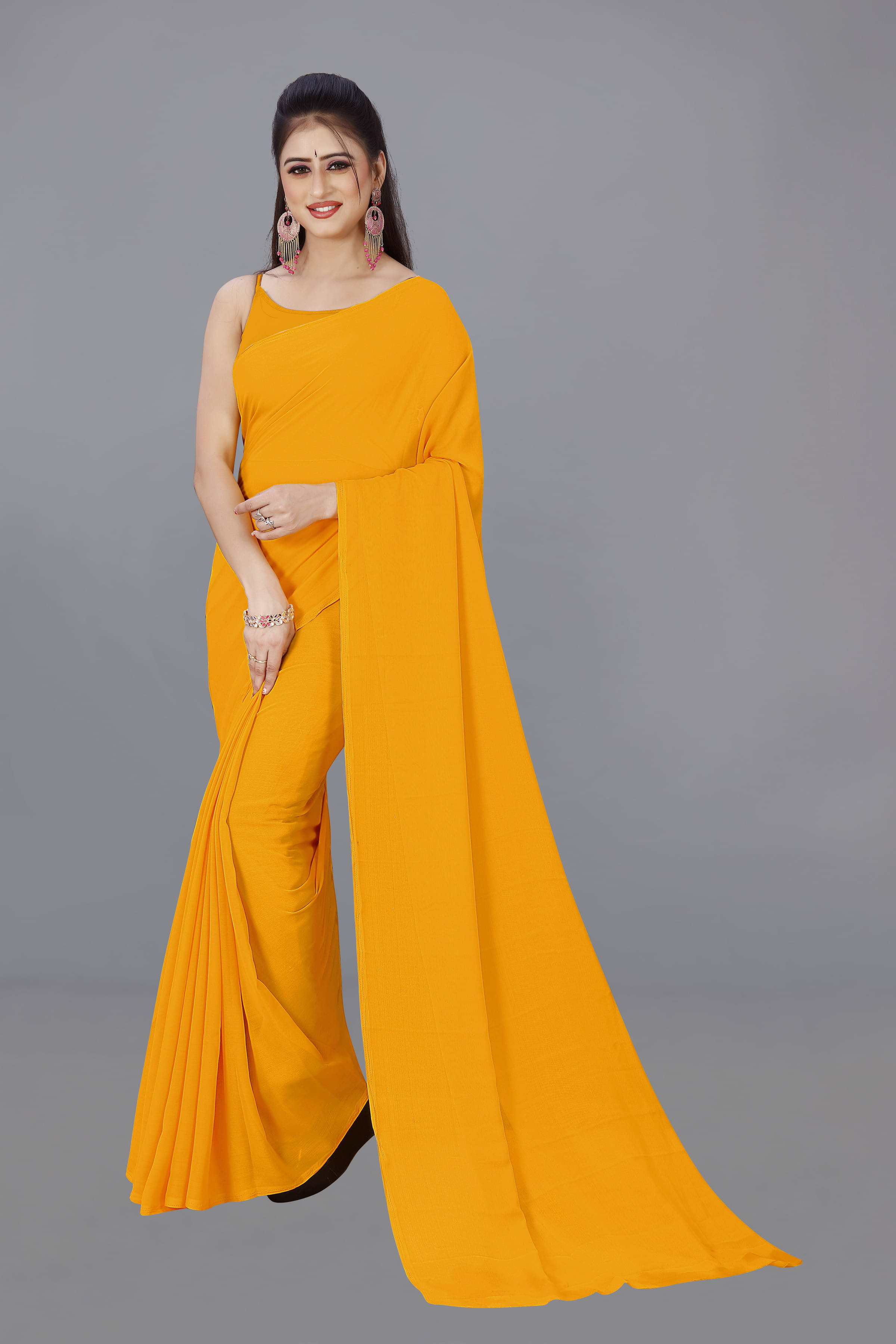     			ANAND SAREES Georgette Dyed Regular Saree Without Blouse Piece ( Orange )
