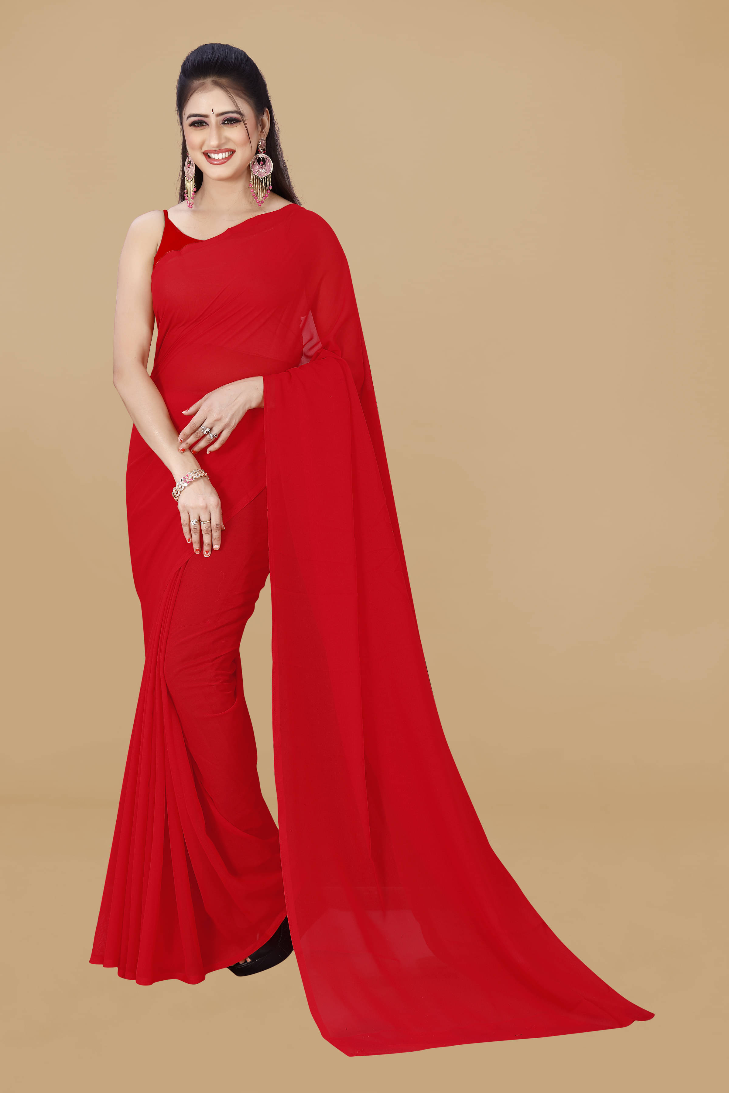     			ANAND SAREES Georgette Dyed Regular Saree Without Blouse Piece ( Red )