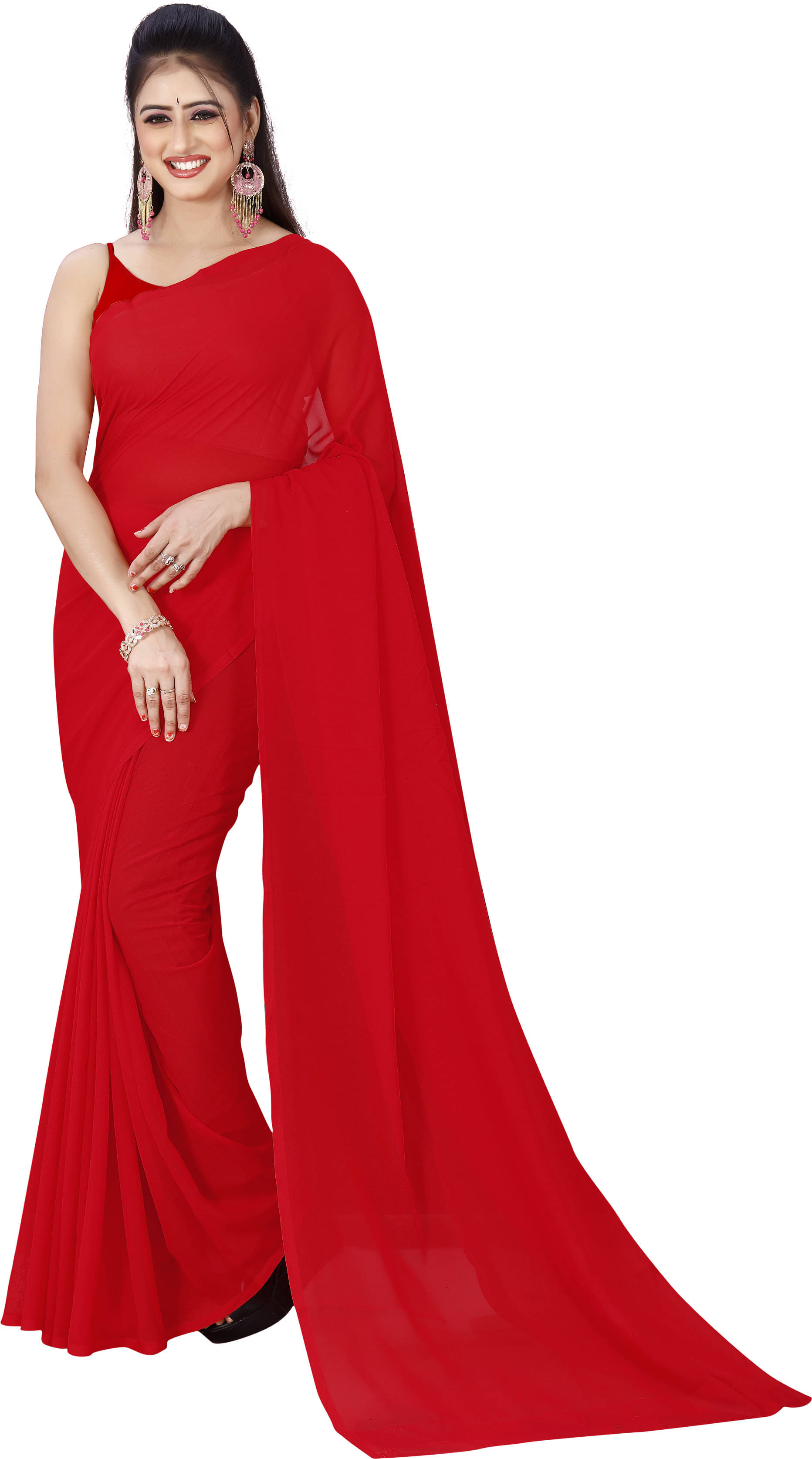 ANAND SAREES Georgette Dyed Regular Saree Without Blouse Piece ( Red ) ANAND SAREES Georgette Dyed Regular Saree Without Blouse Piece ( Red )