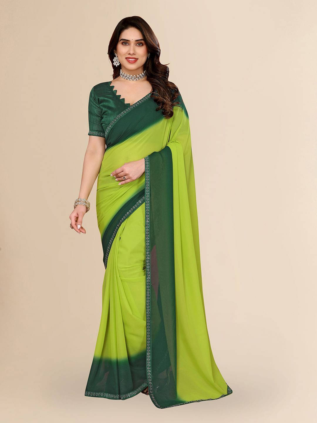 ANAND SAREES Georgette Embellished Regular Saree With Unstitched Blouse Piece ( Green ) ANAND SAREES Georgette Embellished Regular Saree With Unstitched Blouse Piece ( Green )