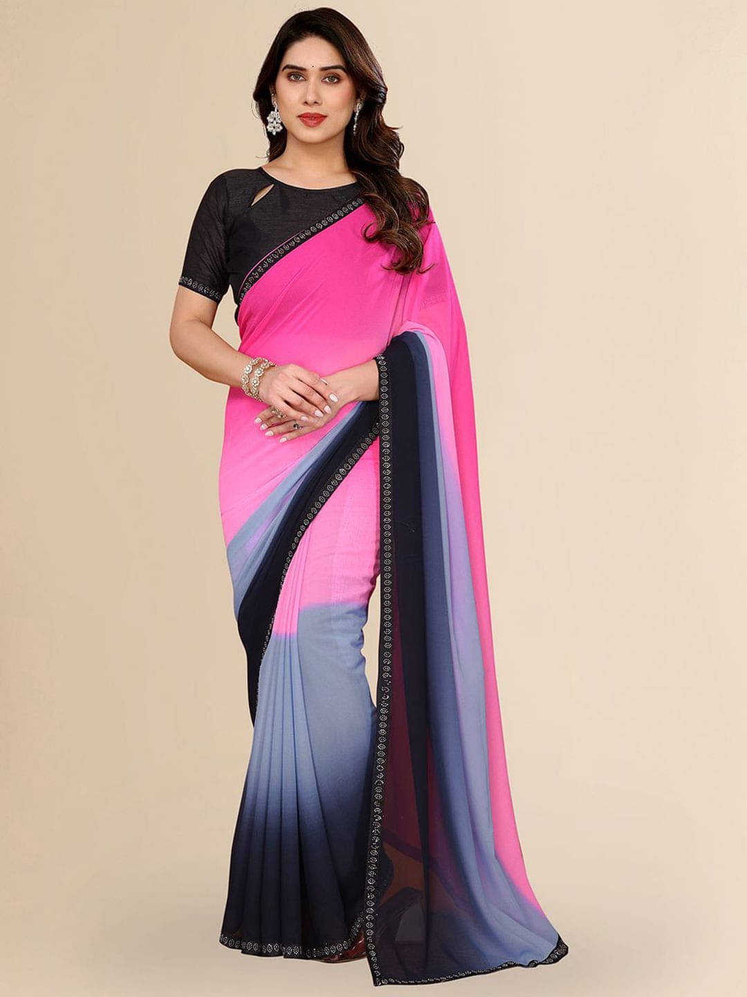     			ANAND SAREES Georgette Embellished Regular Saree With Unstitched Blouse Piece ( Pink )