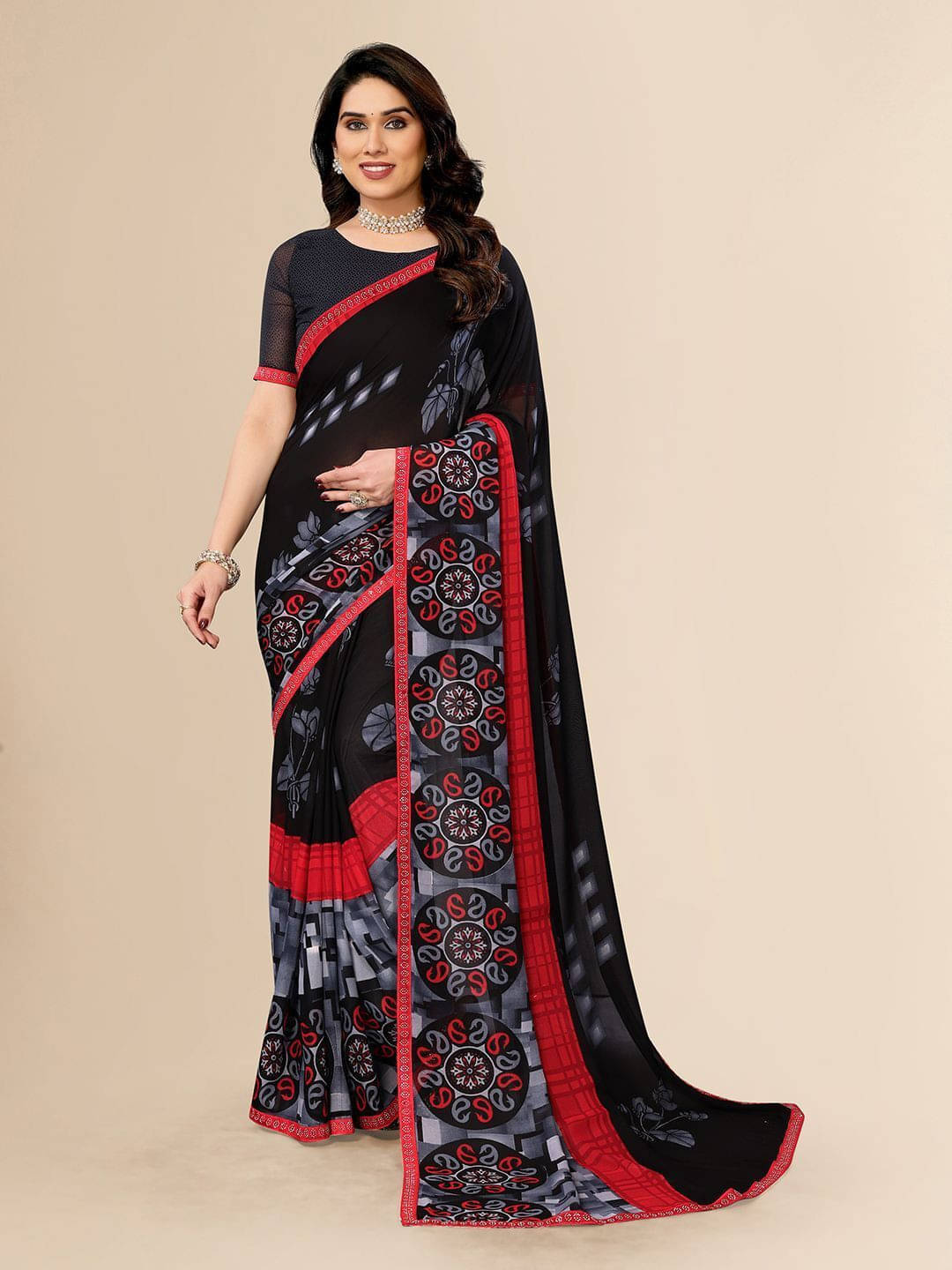 ANAND SAREES Georgette Embellished Regular Saree With Unstitched Blouse Piece ( Black ) ANAND SAREES Georgette Embellished Regular Saree With Unstitched Blouse Piece ( Black )