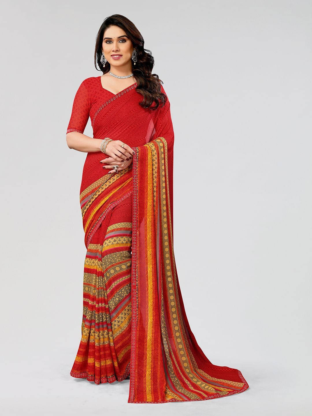 ANAND SAREES Georgette Embellished Regular Saree With Unstitched Blouse Piece ( Red ) ANAND SAREES Georgette Embellished Regular Saree With Unstitched Blouse Piece ( Red )