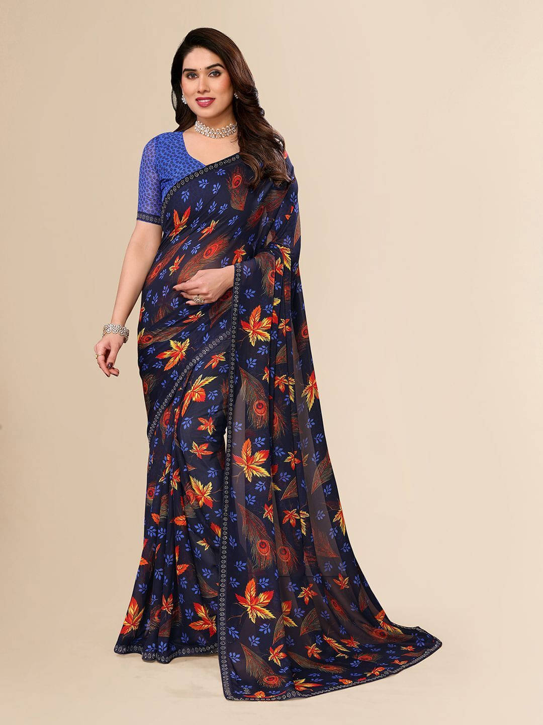     			ANAND SAREES Georgette Embellished Regular Saree With Unstitched Blouse Piece ( Blue )