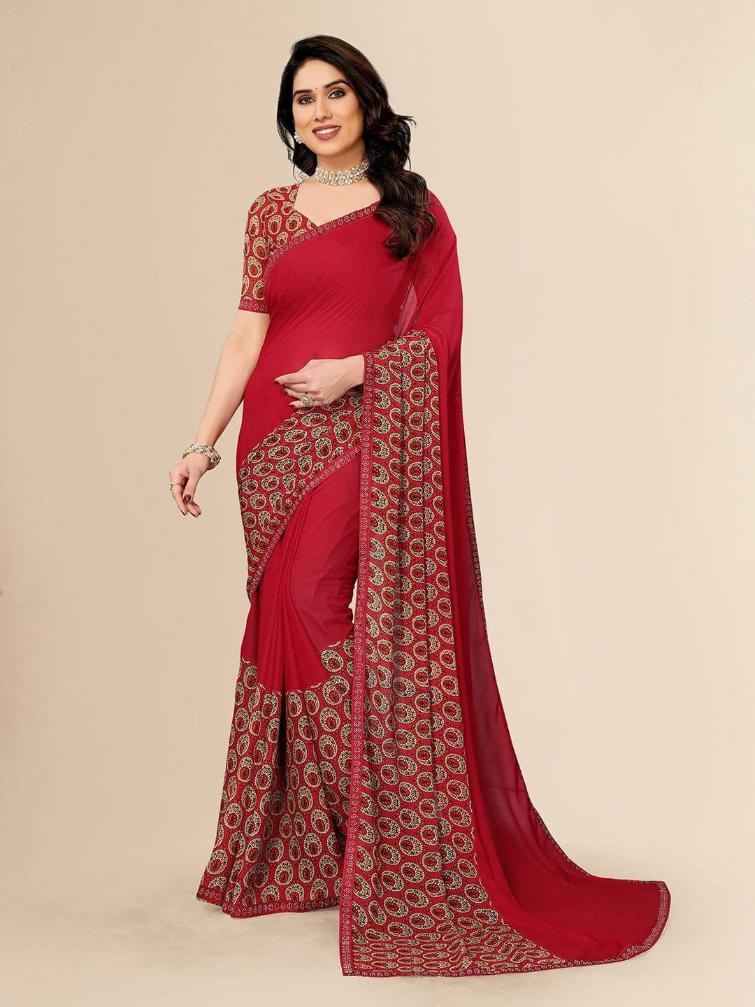 ANAND SAREES Georgette Embellished Regular Saree With Unstitched Blouse Piece ( Red ) ANAND SAREES Georgette Embellished Regular Saree With Unstitched Blouse Piece ( Red )