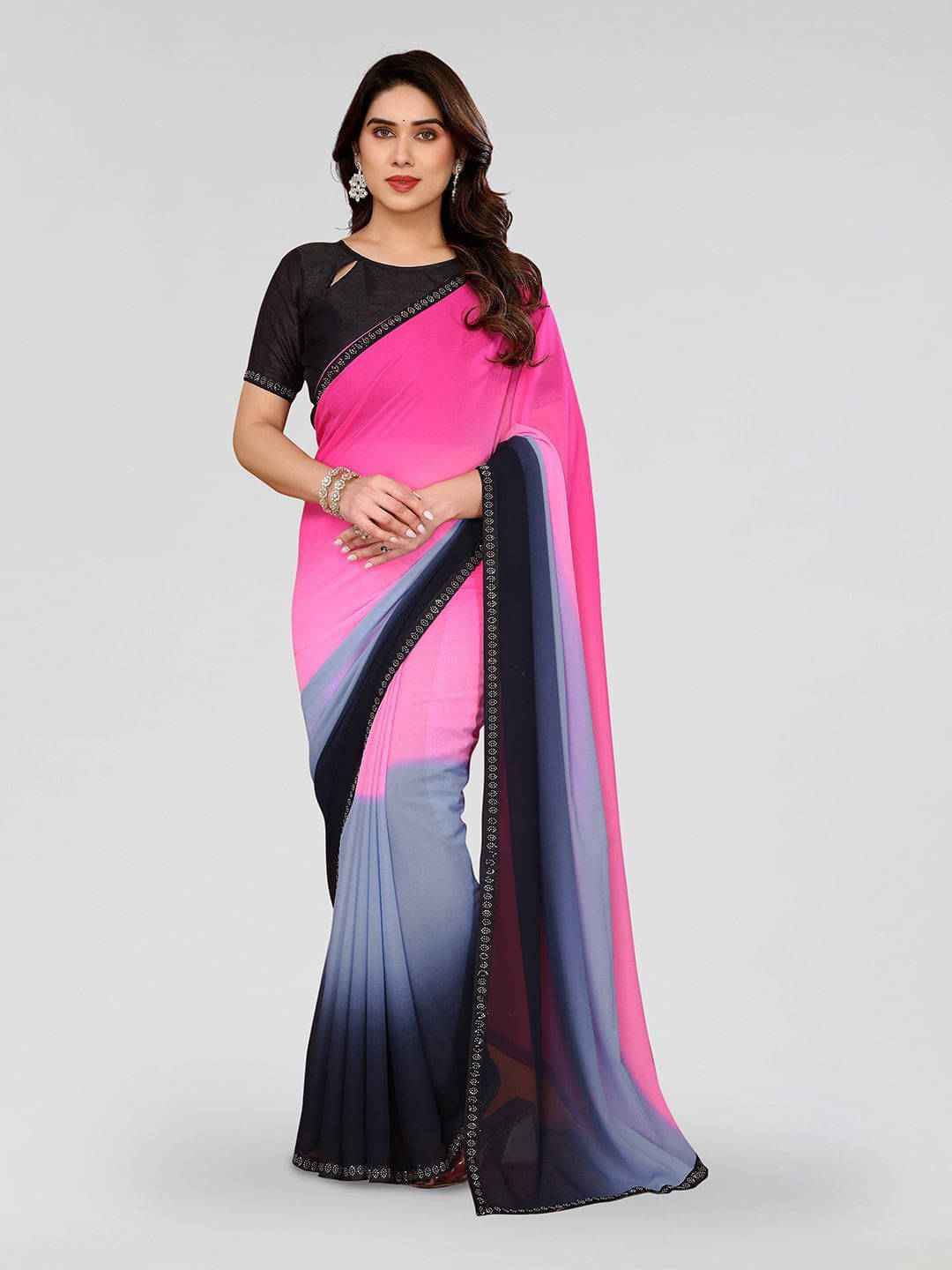     			ANAND SAREES Georgette Embellished Regular Saree With Unstitched Blouse Piece ( Pink )