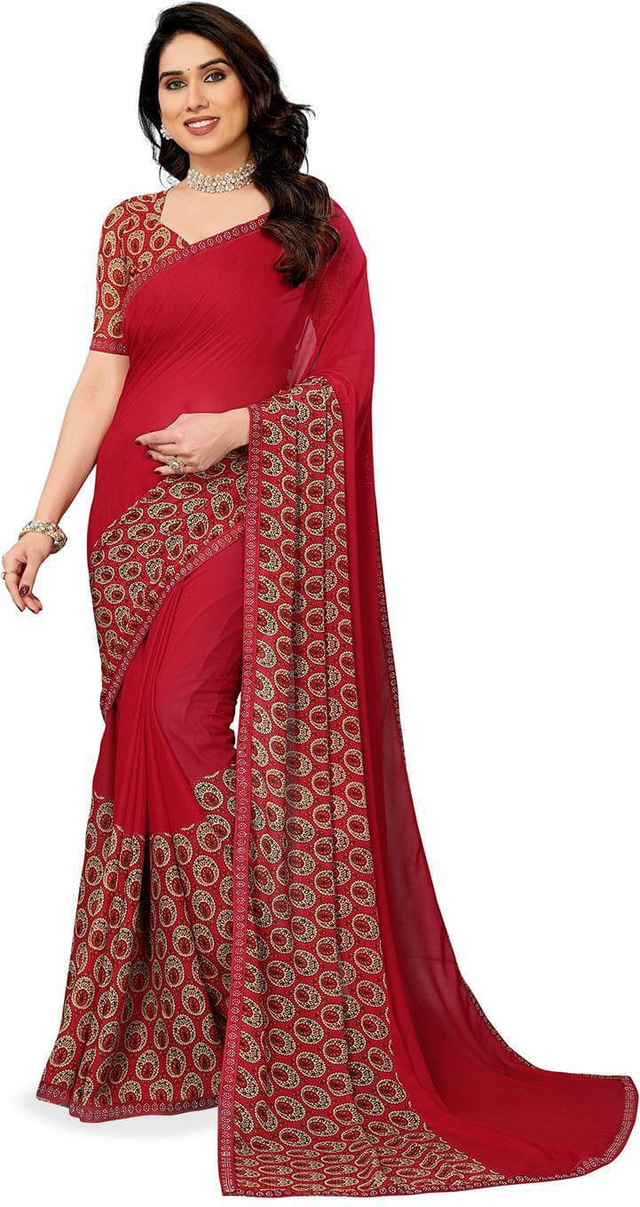 ANAND SAREES Georgette Embellished Regular Saree With Unstitched Blouse Piece ( Red ) ANAND SAREES Georgette Embellished Regular Saree With Unstitched Blouse Piece ( Red )