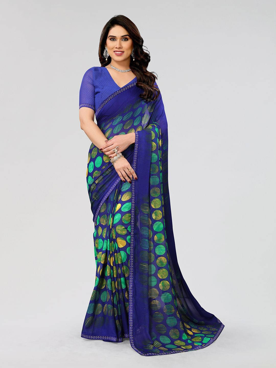 ANAND SAREES Georgette Embellished Regular Saree With Unstitched Blouse Piece ( Blue ) ANAND SAREES Georgette Embellished Regular Saree With Unstitched Blouse Piece ( Blue )
