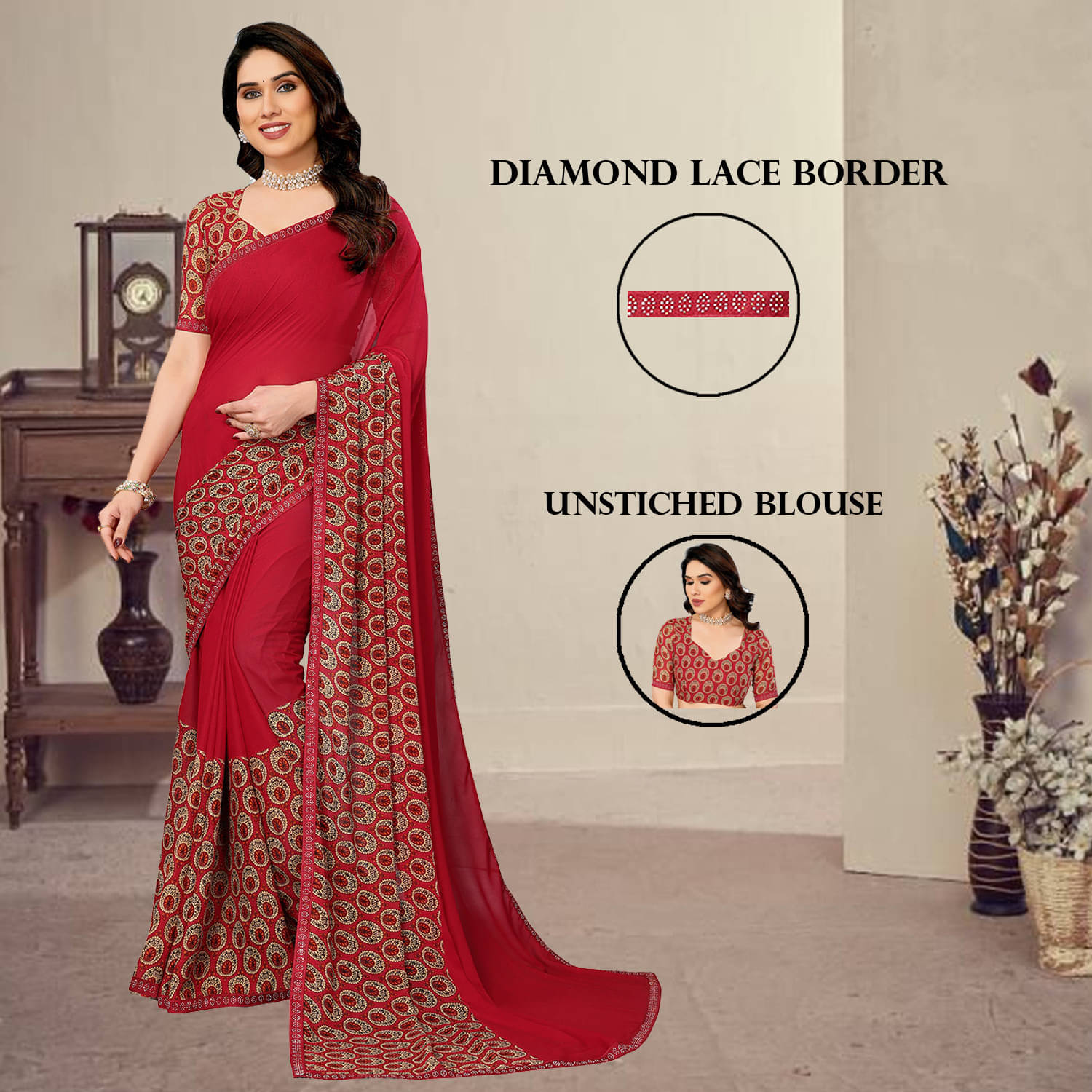 ANAND SAREES Georgette Embellished Regular Saree With Unstitched Blouse Piece ( Red ) ANAND SAREES Georgette Embellished Regular Saree With Unstitched Blouse Piece ( Red )