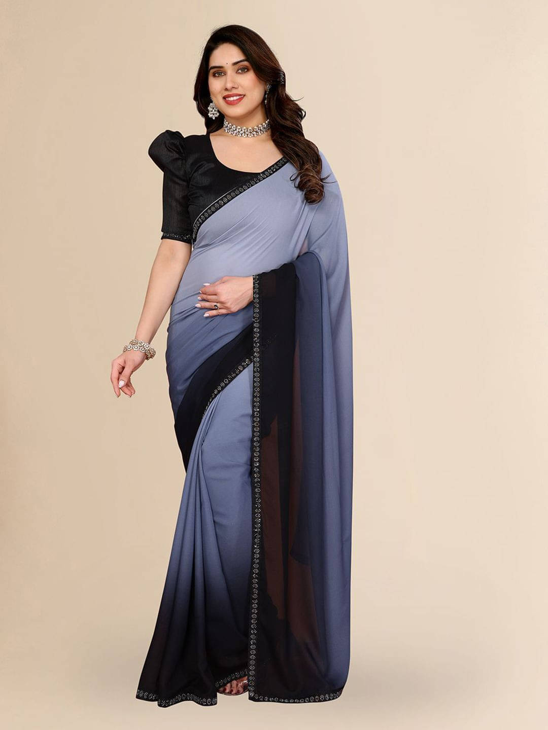 ANAND SAREES Georgette Embellished Regular Saree With Unstitched Blouse Piece ( Grey ) ANAND SAREES Georgette Embellished Regular Saree With Unstitched Blouse Piece ( Grey )