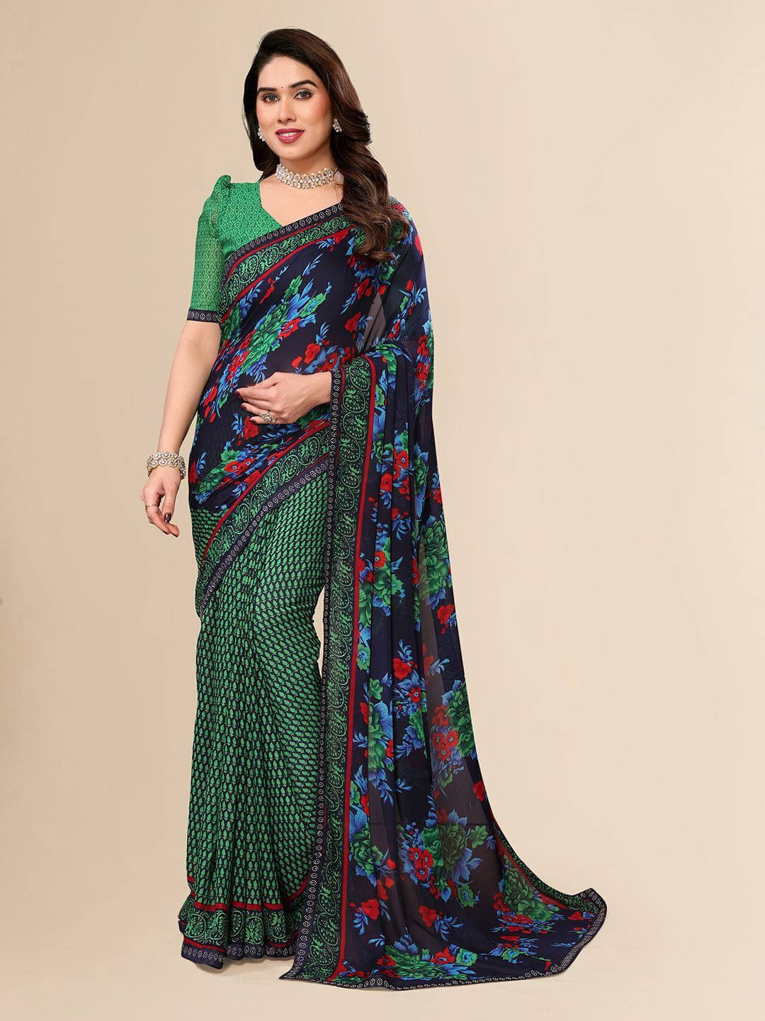 ANAND SAREES Georgette Embellished Regular Saree With Unstitched Blouse Piece ( Green ) ANAND SAREES Georgette Embellished Regular Saree With Unstitched Blouse Piece ( Green )