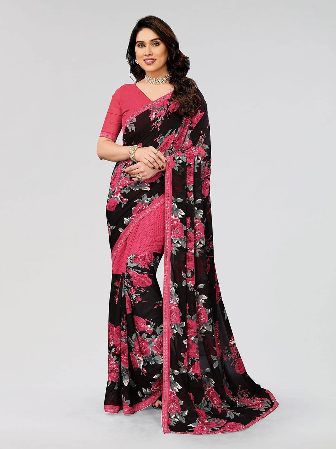     			ANAND SAREES Georgette Embellished Regular Saree With Unstitched Blouse Piece ( Pink )