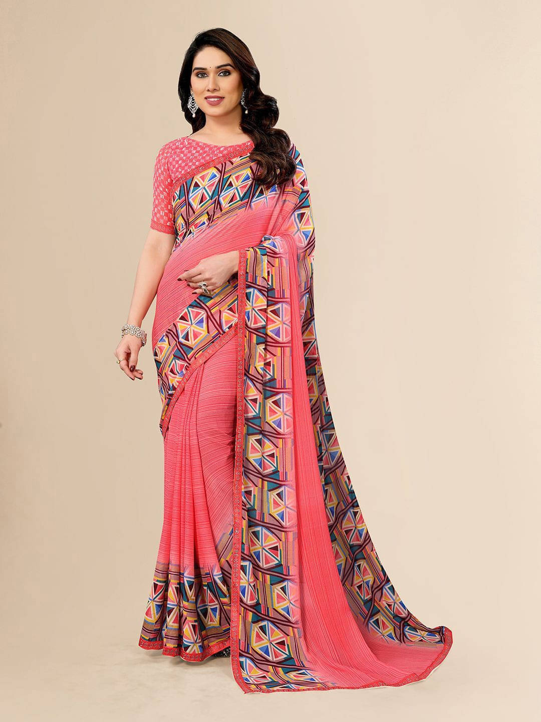     			ANAND SAREES Georgette Embellished Regular Saree With Unstitched Blouse Piece ( Pink )
