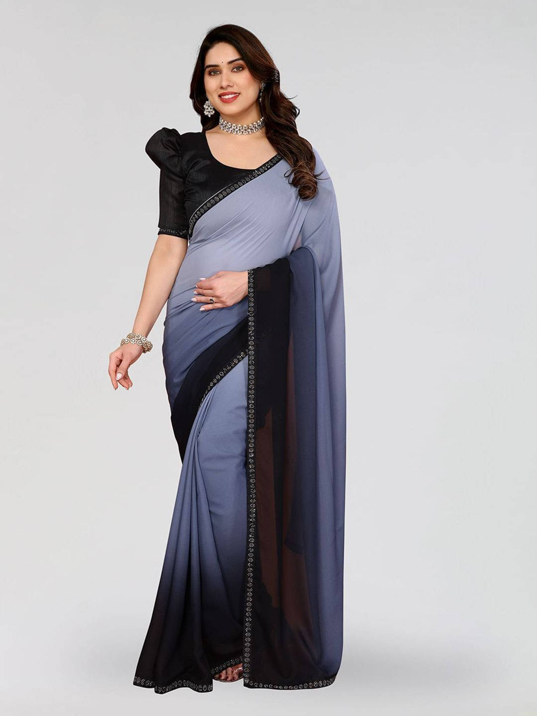 ANAND SAREES Georgette Embellished Regular Saree With Unstitched Blouse Piece ( Grey ) ANAND SAREES Georgette Embellished Regular Saree With Unstitched Blouse Piece ( Grey )