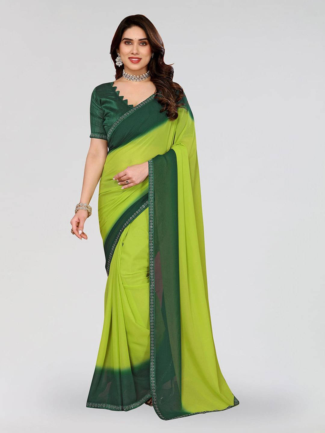 ANAND SAREES Georgette Embellished Regular Saree With Unstitched Blouse Piece ( Green ) ANAND SAREES Georgette Embellished Regular Saree With Unstitched Blouse Piece ( Green )