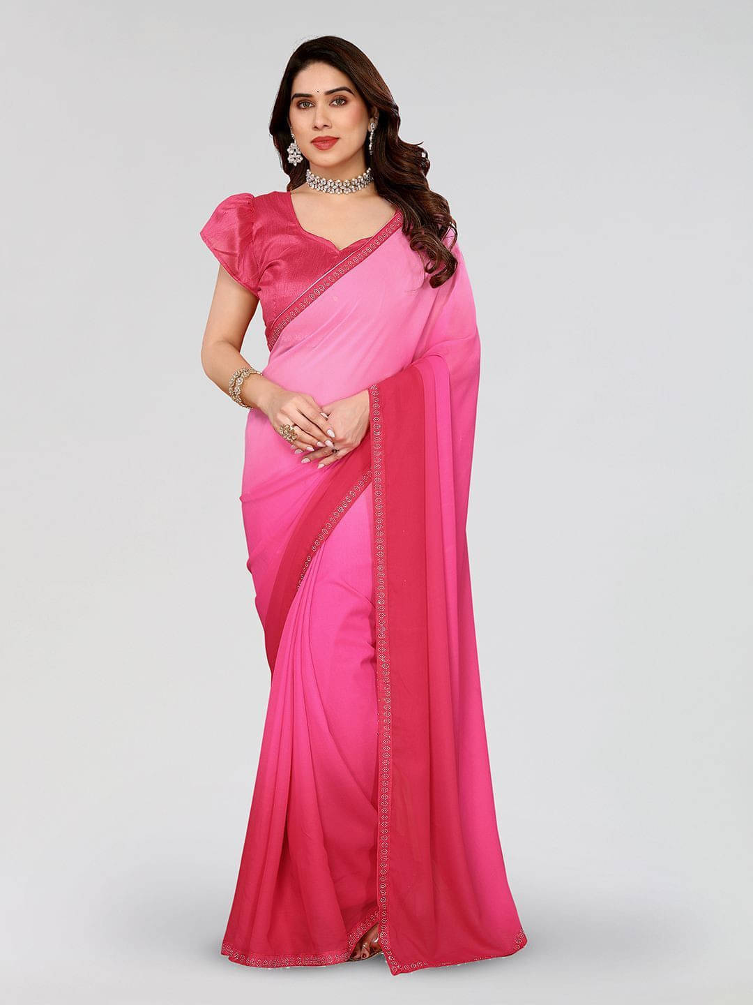 ANAND SAREES Georgette Embellished Regular Saree With Unstitched Blouse Piece ( Pink ) ANAND SAREES Georgette Embellished Regular Saree With Unstitched Blouse Piece ( Pink )