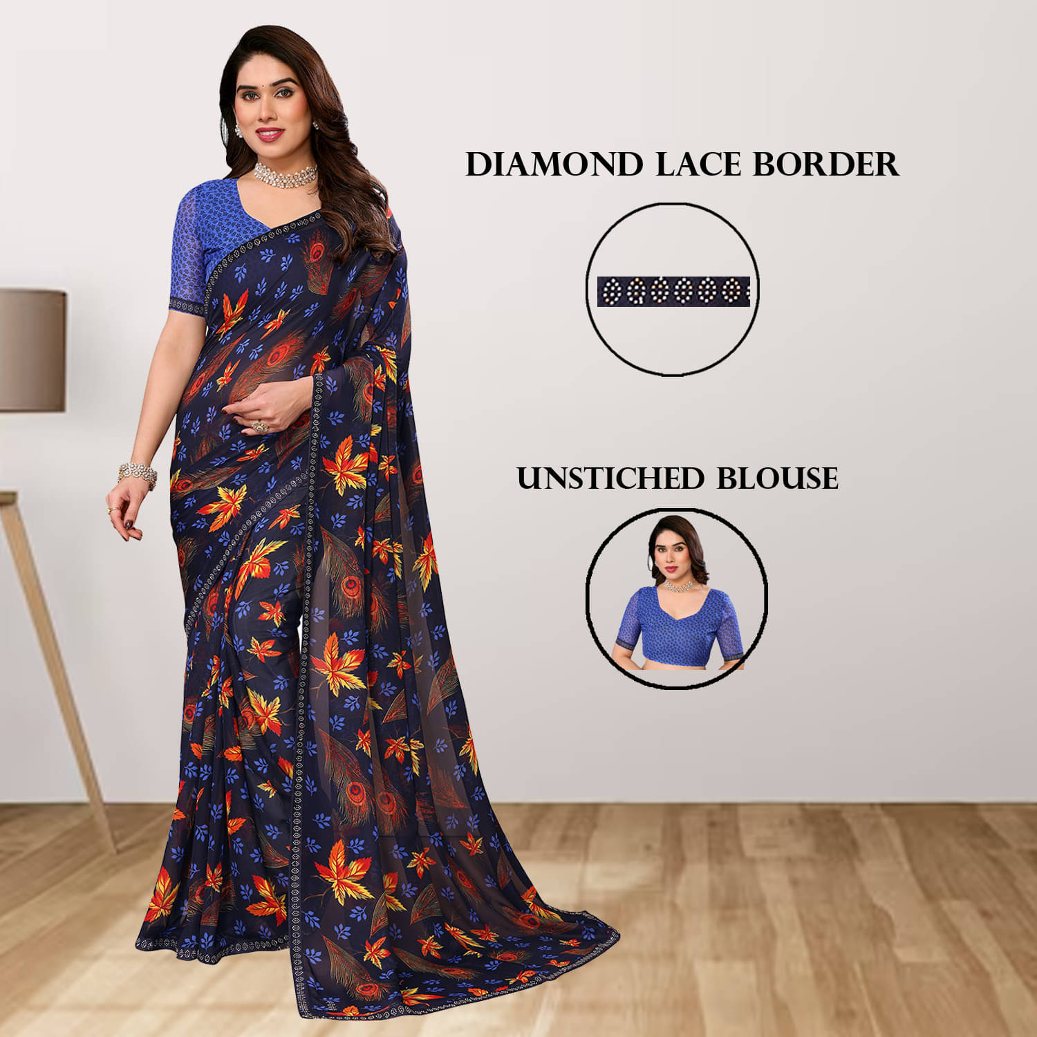 ANAND SAREES Georgette Embellished Regular Saree With Unstitched Blouse Piece ( Navy Blue ) ANAND SAREES Georgette Embellished Regular Saree With Unstitched Blouse Piece ( Navy Blue )