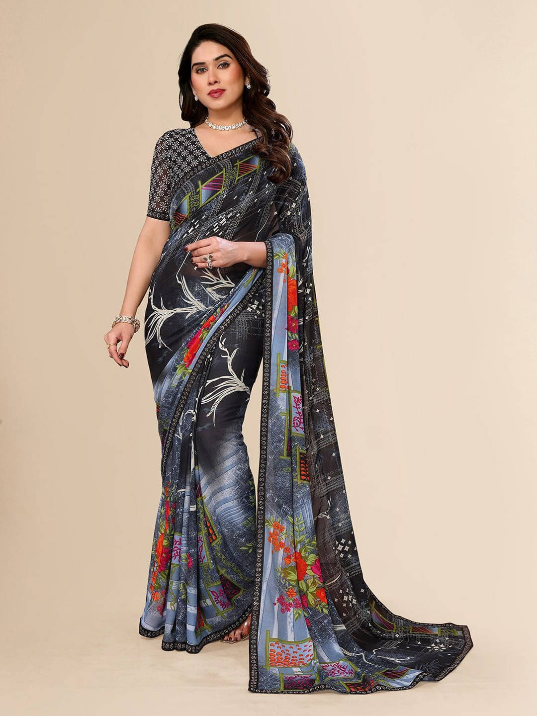 ANAND SAREES Georgette Embellished Regular Saree With Unstitched Blouse Piece ( Black ) ANAND SAREES Georgette Embellished Regular Saree With Unstitched Blouse Piece ( Black )