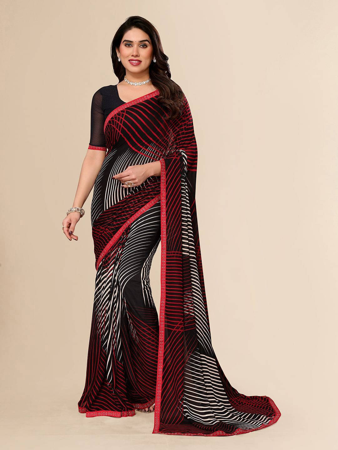     			ANAND SAREES Georgette Embellished Regular Saree With Unstitched Blouse Piece ( Red )
