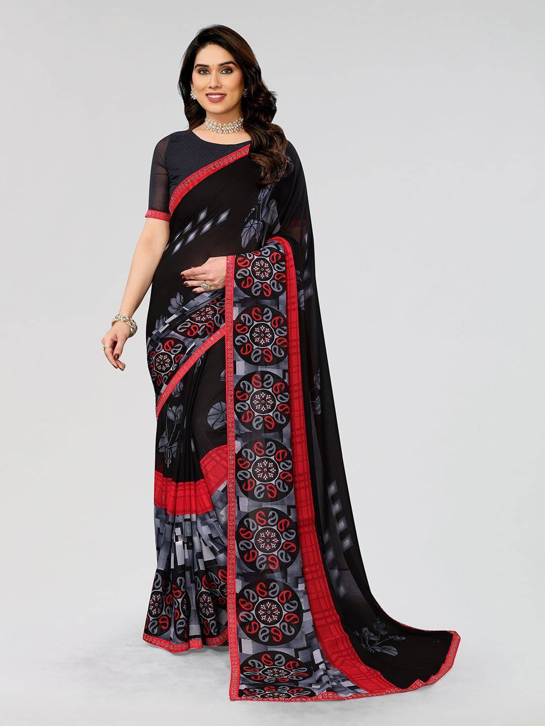 ANAND SAREES Georgette Embellished Regular Saree With Unstitched Blouse Piece ( Black ) ANAND SAREES Georgette Embellished Regular Saree With Unstitched Blouse Piece ( Black )