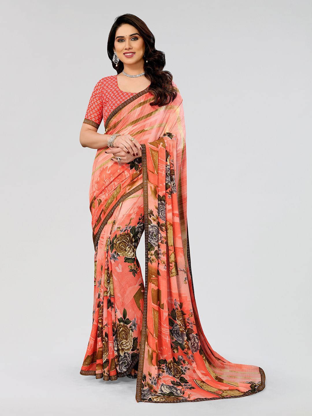     			ANAND SAREES Georgette Embellished Regular Saree With Unstitched Blouse Piece ( Pink )