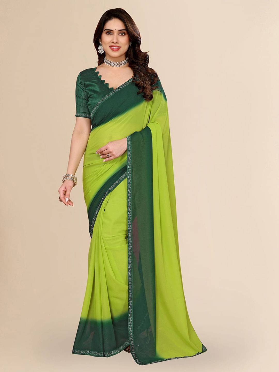 ANAND SAREES Georgette Embellished Regular Saree With Unstitched Blouse Piece ( Green ) ANAND SAREES Georgette Embellished Regular Saree With Unstitched Blouse Piece ( Green )