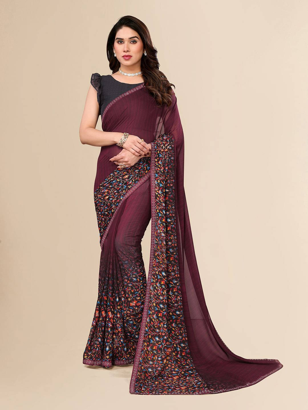     			ANAND SAREES Georgette Embellished Regular Saree With Unstitched Blouse Piece ( Maroon )