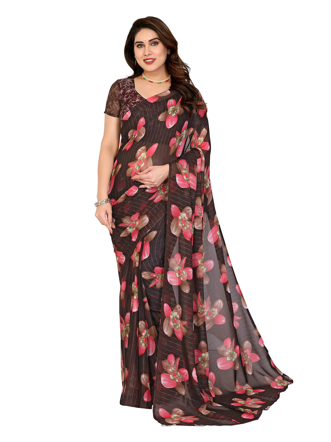     			ANAND SAREES Georgette Printed Ilkal Saree With Unstitched Blouse Piece ( BROWN )