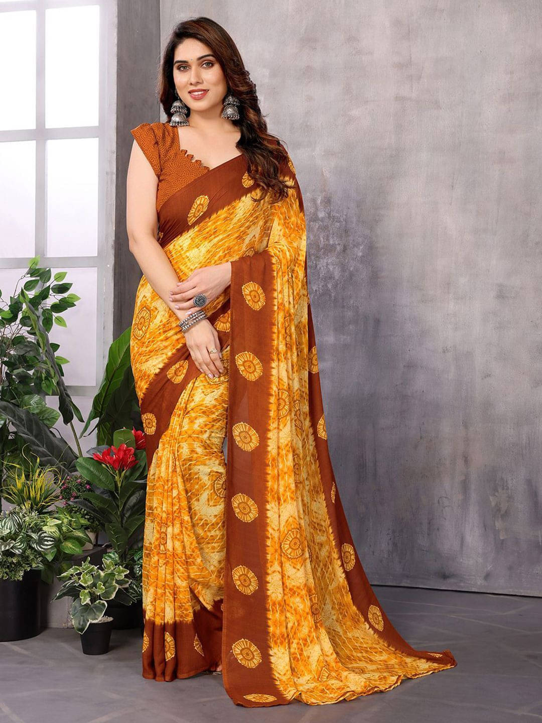 ANAND SAREES Georgette Printed Regular Saree With Unstitched Blouse Piece ( Gold ) ANAND SAREES Georgette Printed Regular Saree With Unstitched Blouse Piece ( Gold )