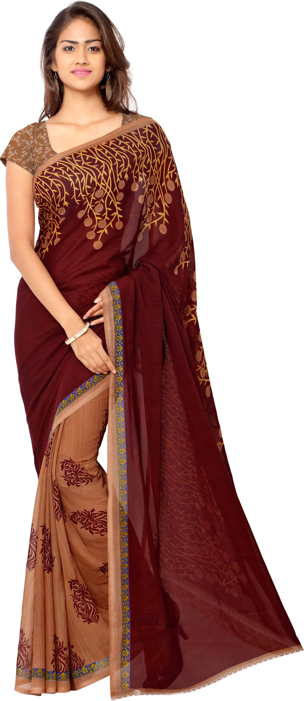 ANAND SAREES Georgette Printed Regular Saree With Unstitched Blouse Piece ( Brown ) ANAND SAREES Georgette Printed Regular Saree With Unstitched Blouse Piece ( Brown )