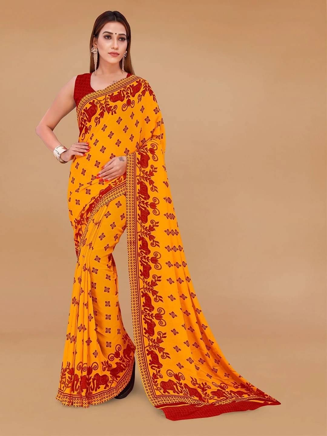 ANAND SAREES Georgette Printed Regular Saree With Unstitched Blouse Piece ( Yellow ) ANAND SAREES Georgette Printed Regular Saree With Unstitched Blouse Piece ( Yellow )