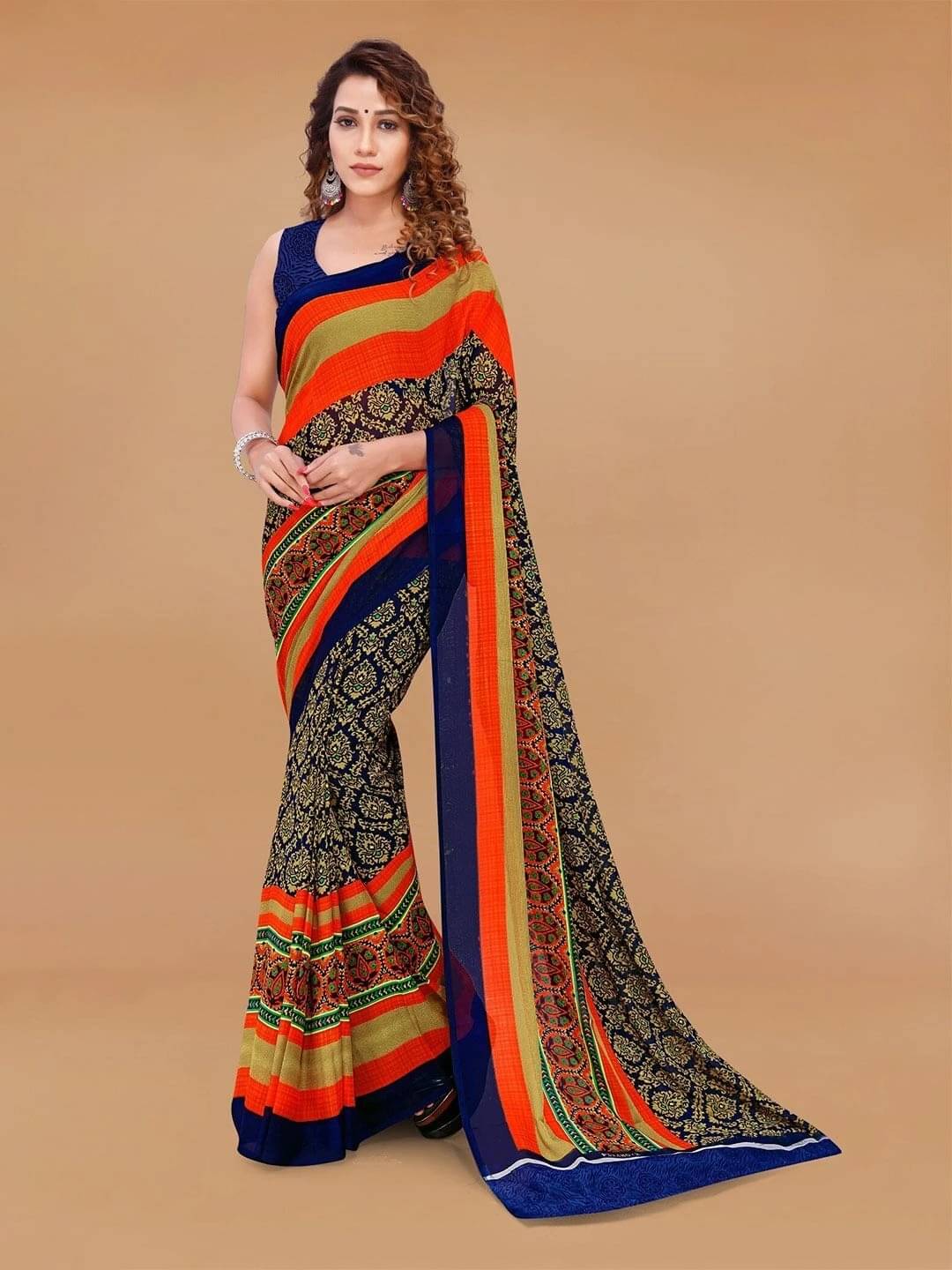 ANAND SAREES Georgette Printed Regular Saree With Unstitched Blouse Piece ( Blue ) ANAND SAREES Georgette Printed Regular Saree With Unstitched Blouse Piece ( Blue )